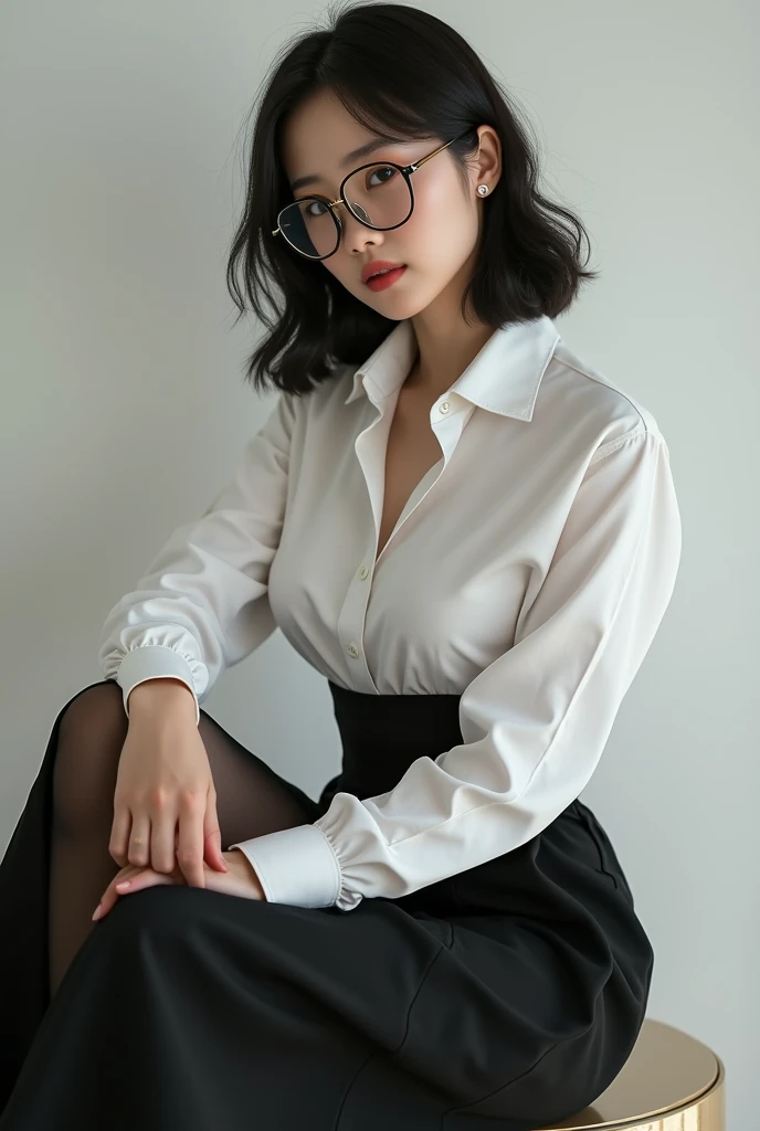 (masterpiece, best quality: 1.4), night(chainsaw man),(The facial details are very rich, real image, Realistic skin, realistic body, intricate details), Red eyes (intimidating expression), light blush, social clothing, half-collar button-down shirt (White的), White, skirt (Black), Black belt with buckle, short hair, Glasses, beautiful breasts、huge breasts:1.4beautiful breasts、huge breasts:1.4, big thighs, classroom, Blackboard.