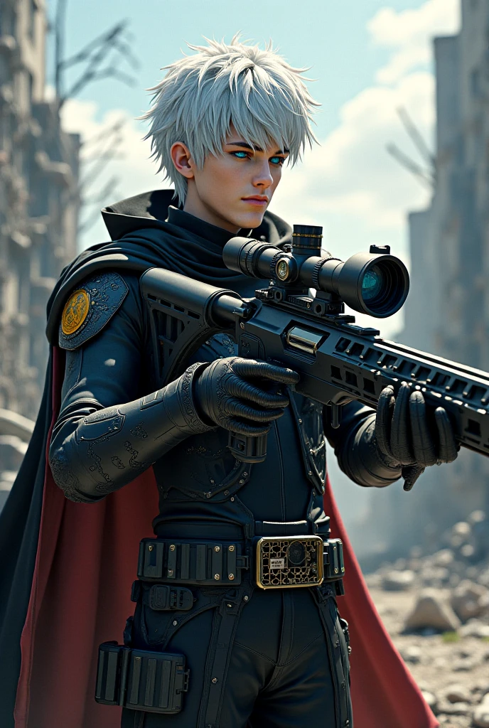 The small boy with white hair and blue eyes stands atop a crumbling skyscraper, clutching a rusted samurai sword, as a storm of metallic creatures looms in the distance.