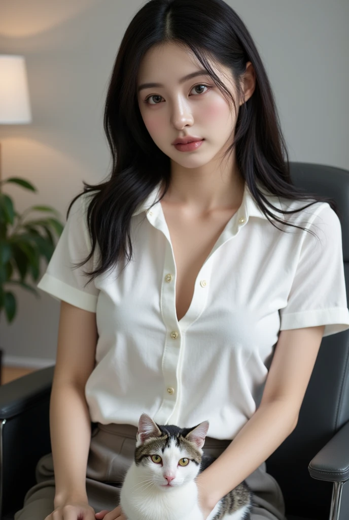 Wearing white women&#39;s casual shirt，Sitting by the window of a western-style restaurant，Hands holding fashion magazine
