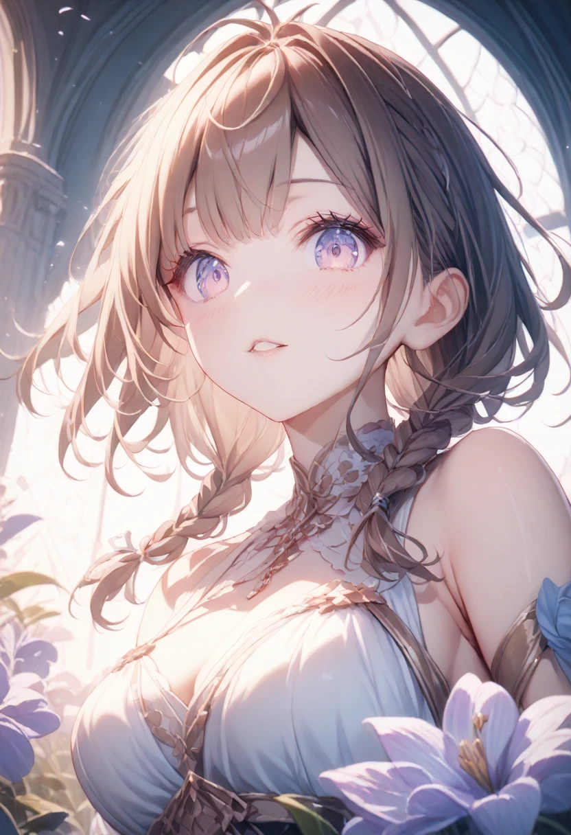 ((best quality)), ((masterpiece)), (detailed), perfect face, ((Best quality, 8k, Masterpiece: 1.3)), Sharp focus A beautiful woman, Highly detailed face and skin texture, Detailed eyes, Double eyelid, A girl with a large flower decoration in her hair, hibiscus, phalaenopsis, dahlia, brown hair, low twin braids, from below, cowboy shot