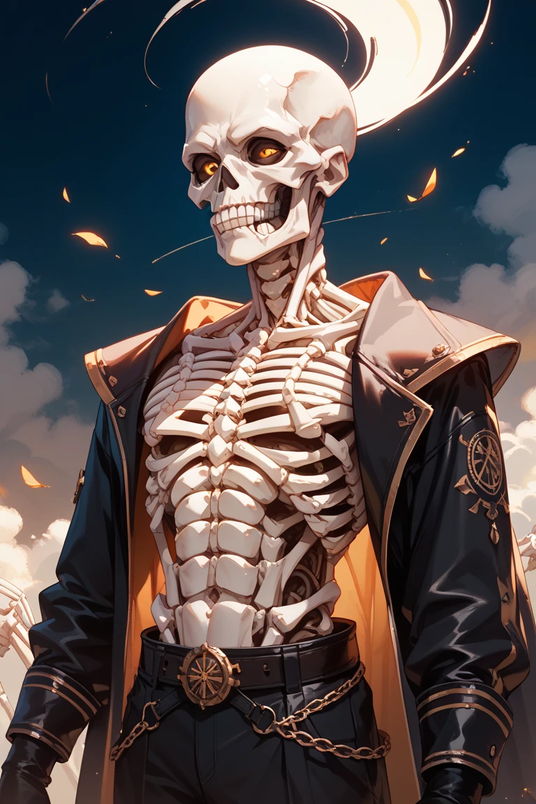 Skeleton character of medium height, military hat with a skull, black military clothing, 