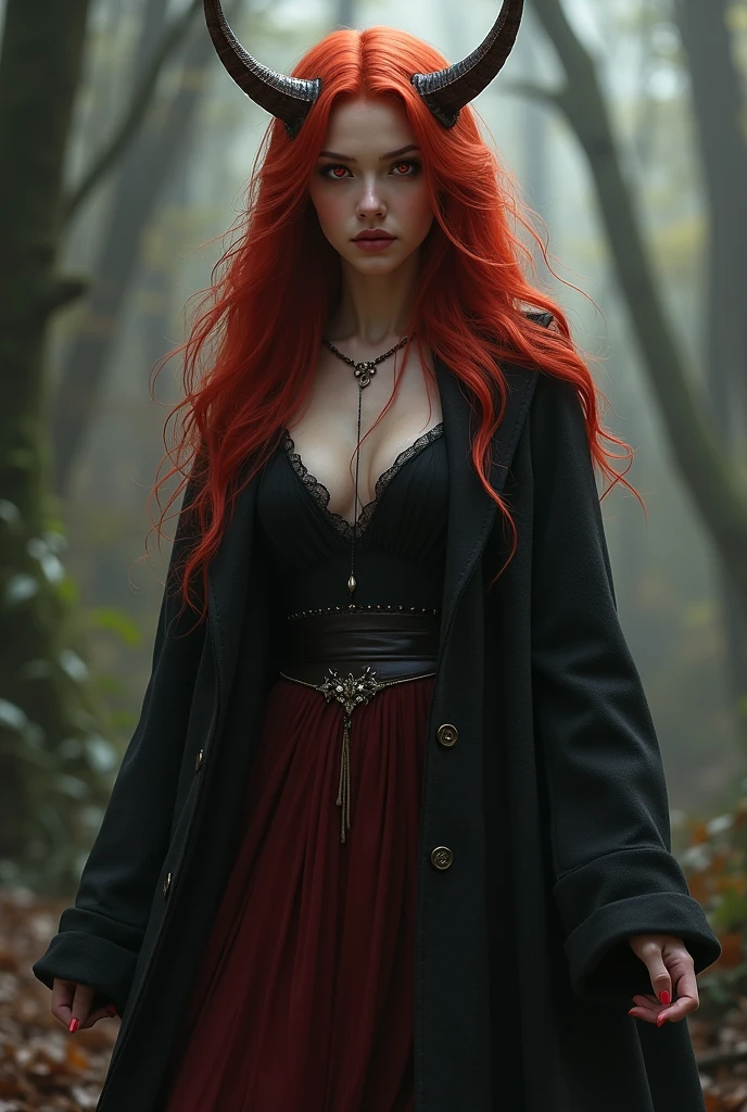 Gothic redhead woman, resting on the shore of an ancient tower, The full moon night, as the snow falls, with trees in the background, smoking.