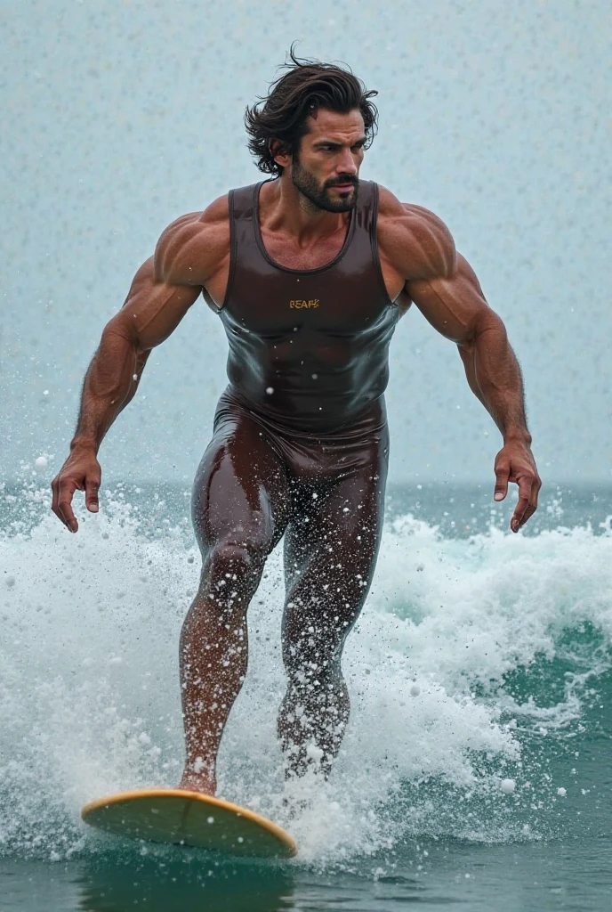 muscular man standing on a beach, posing on a beach with the ocean in the background with an impressive wave going towards the beach, wearing casual beach attire, beach photo, standing on a beach in sandals, standing on the beach, in a beach, about 3 5 years old, posing on the beach, on the beach, vacation photo, seashells in the background, realistic movie photography, epic movie scene, ocean wave towards the beach, action movie