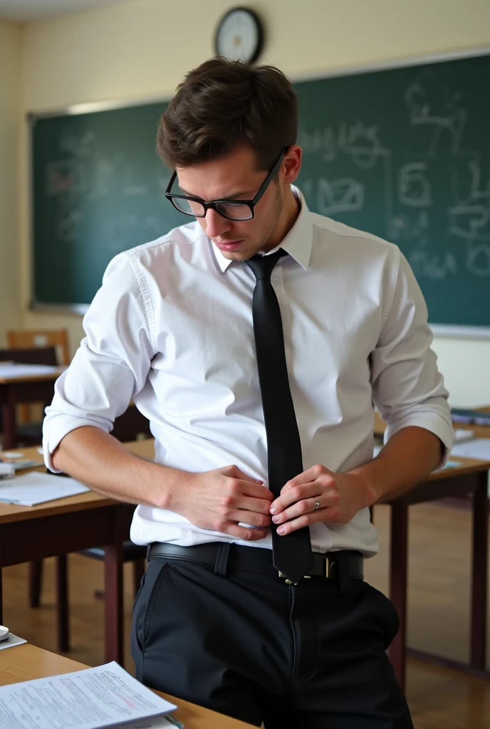 A beautiful young male twink with black hair and a face with makeup. He is wearing a long-sleeved white shirt with a tight fit and aqua blue pants. He is in his office and behind him is a blackboard with calculus equations written on it, and he looks proudly with reddened cheeks.