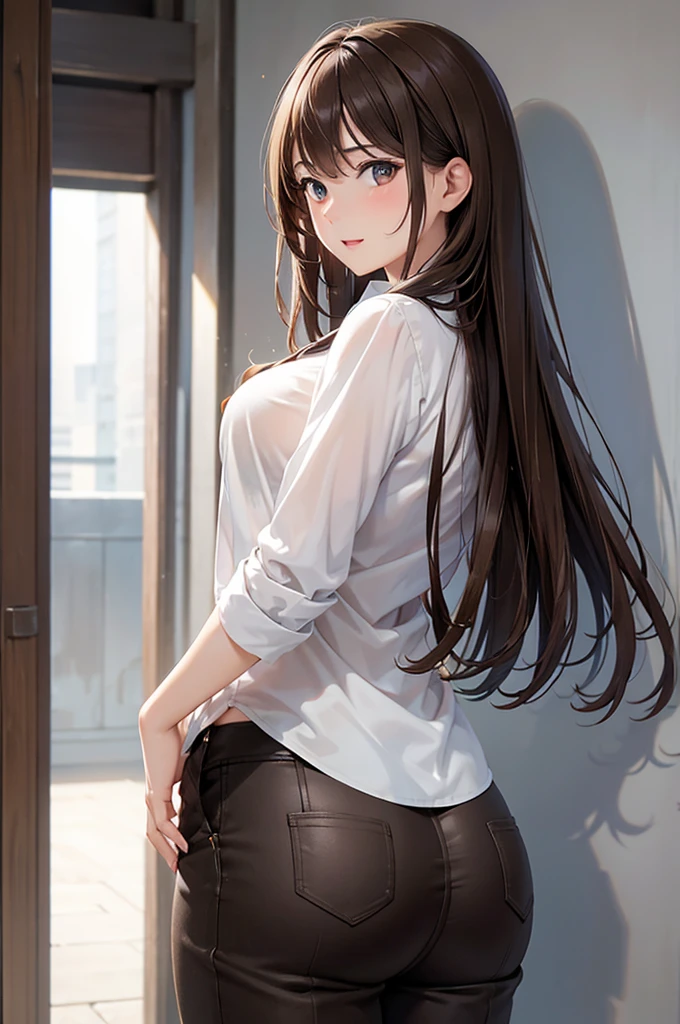 1lady standing, /(oversized sweater/) v-neck, mature female, /(brown hair/) bangs, blush, (masterpiece best quality:1.2) delicate illustration ultra-detailed, pantyhose BREAK /(modern house living room/) indoors, (((looking back))), (((sexy))), (((petite))), (((thigh gap)))