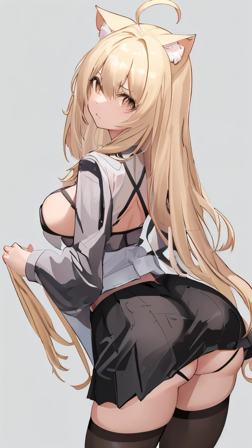1girl, beautiful Hair, Bangs, Blonde Hair, Hair Between Eyes, Ahoge, Blunt Bangs, Shiny Hair, Wavy Hair, Breasts, Cat Ears, her glutess are fully sticking out of her skirt, tight booty, shiny booty, wearing a black micro bikini under her clothes, she's wearing a revealing micro skirt