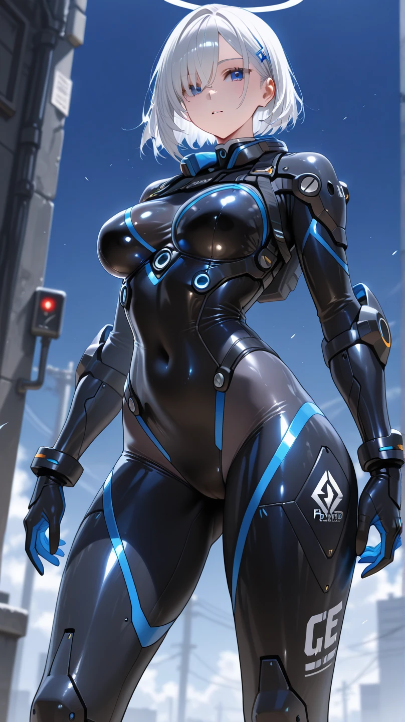 1girl, breasts, large breasts, black hair, very short hair, pixie cut, tomboy, boyish, blue eyes, bodysuit, black bodysuit, blue trim, science-fiction, futuristic, tech, neon trim, neon, smile, full body, ((full body)), pantyhose, black pantyhose, hourglass figure,