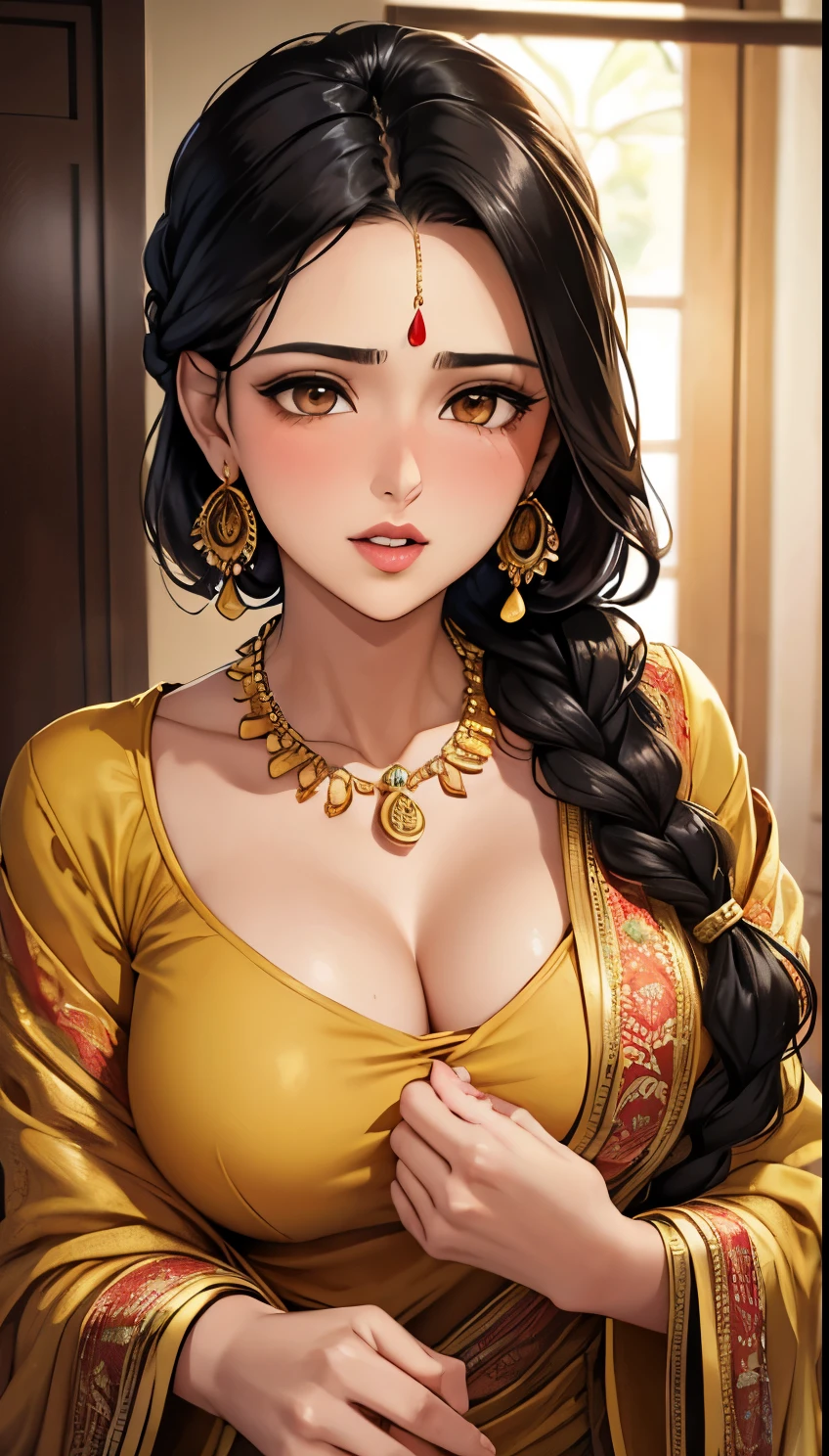 a mature lady with one braid hair, wearing aesthetic glasses, face makeup, red lipstick, saree, jhumka earrings, saggy breasts, intricate details, high quality, photorealistic, cinematic lighting, warm color tones, elegant portrait, cleavage,navel