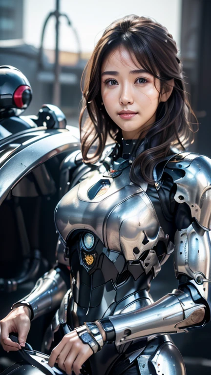 (((a powered exoskeleton))),(((foot robot armor))),(((robot helmet))),(((robot arm equipment))),(((standing))),(((bare inner thigh))),(((Show cleavage))), (((double-breasted, underbust:1.2))), ulzzang-6500-v1.1, (Raw photo:1.2), (Photo realistic:1.4), a beautiful detailed girl, extremely detailed eye and face, beautiful detailed eyes, ultra-detailed, High resolution, top-quality, masterpiece, highly detailed, 8k wallpaper, Wonderful, finely detail, top-quality, Light on the face, movie lighting, 1girl in, (robot hangar), Beautiful eyes, smile, Opening Mouth