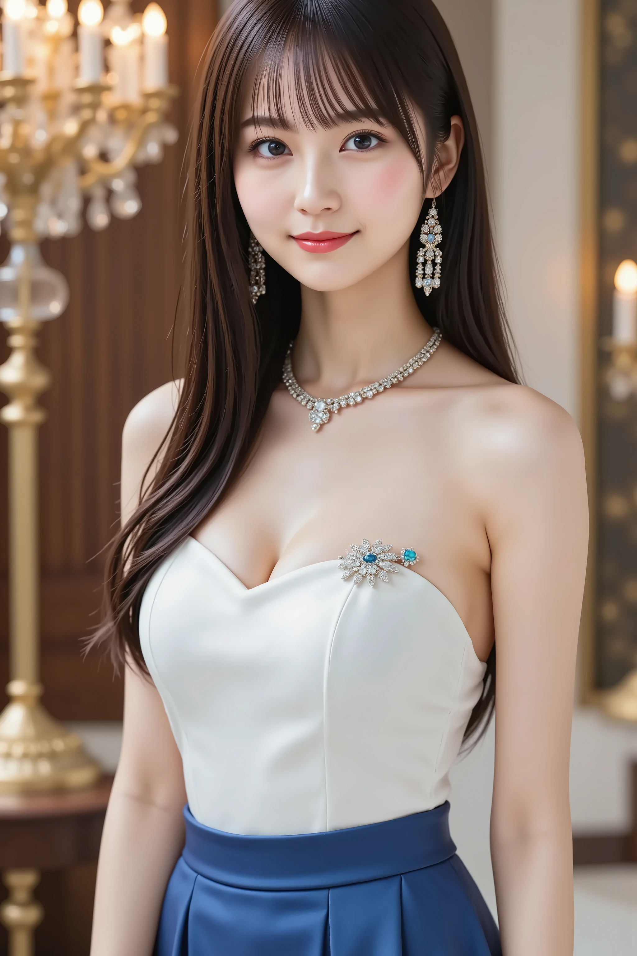 A highly detailed, ultra-realistic digital illustration of a beautiful young Asian woman, with her upper body fully visible in the frame. She is gently smiling with softly blushed cheeks, clear, luminous skin, and glossy pink lips. Her large, expressive eyes are captivating, enhanced by natural, elegant makeup, without prominent tear bags. Her long, smooth black hair is styled neatly with soft bangs. She wears a strapless blue dress that accentuates her elegant neckline and slender figure, adorned with a delicate tiara, elegant earrings, and a matching necklace. The background is a luxurious royal setting, featuring chandeliers and jewels that enhance the opulence of the scene. The image quality is pristine, sharply detailed, and ideally suited as an 8K wallpaper.