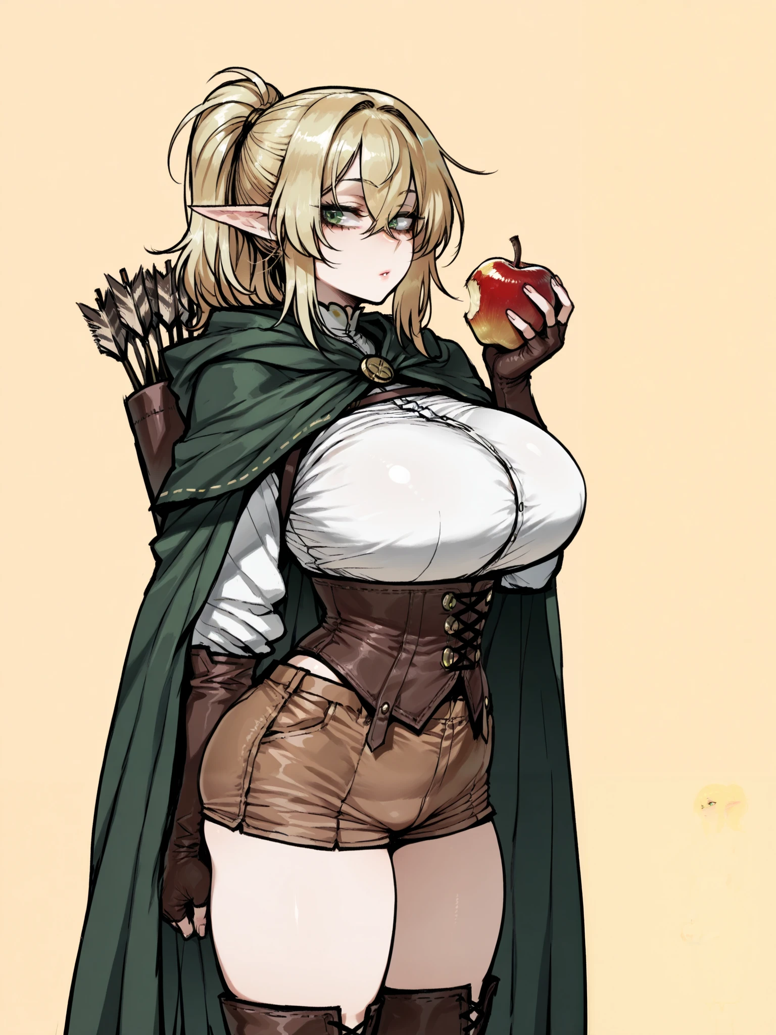 ((ratatatat74)), Quality_masterpiece, (Anatomically correct), Beautiful face, Perfect face, Highly detailed beautiful face and eyes, Attractive face, Detailed face, Delicate facial features, Detailed skin, big breasts, ((1 girl)), (solo), early_, (fair_skin), ((blonde_hair)), hair between eyes:6|crossed bangs:4, (ponytail), (elf ears), beautiful green eyes, staring, (detailed eyes), longeyelashes, white_shirt, corset, brown shorts, thigh_boots, leather_gloves, fingerless_gloves, A forest-green cloak with a hood is draped over her shoulders, a quiver of finely crafted arrows rests on her back, ((holding up apple)), standing, anime Style, (masterpiece), simple background, ((cowboyshot))