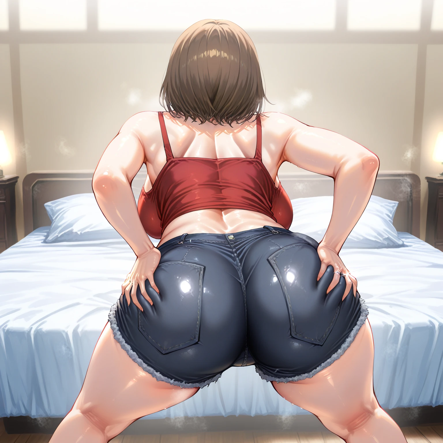 One Woman、Cute Woman、Thick thighs、Best image quality、High resolution、masterpiece、super high quality、Squat with your legs apart、Super big ass、Striped bra、Striped panties、Panties are visible through a very short pleated skirt、Big Ass、Large Breasts 、Blushing、4K quality、Blushing、Proud face、Wearing black knee socks、bed、Squat with your legs apart、Panty shot、Sweaty all over、Heavy breathing、Chest is bobbing up and down、heart、Condescending look、Low Angle、Zoom in on the crotch、(from below:1.4)、Sitting with Knees Up on sofa at living, spread legs、(back pose:1.3) or (back view:1.2)