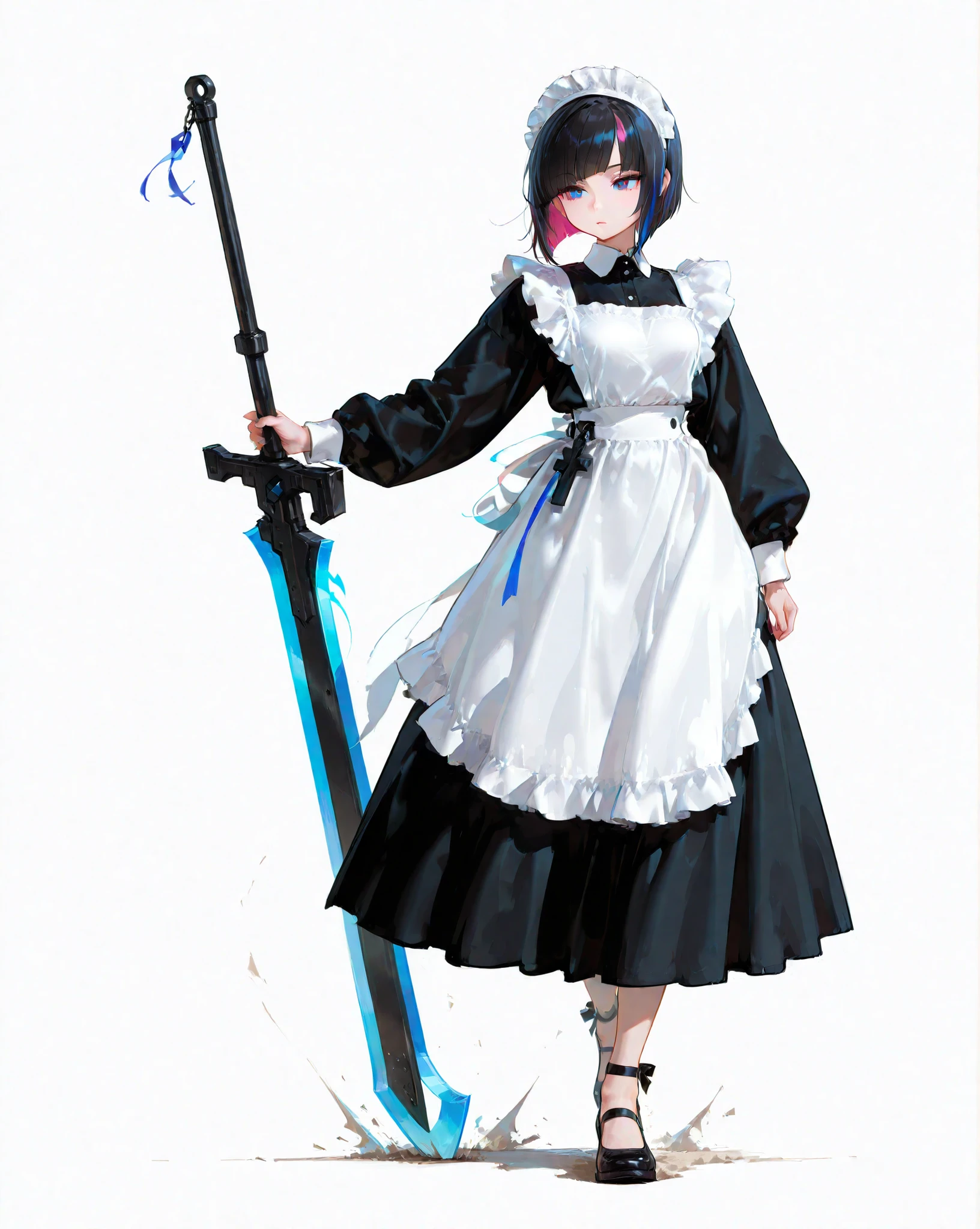 great details、high image quality、simple background、full body、 Hair Color Random 、Straight bob、Maid、A very large weapon