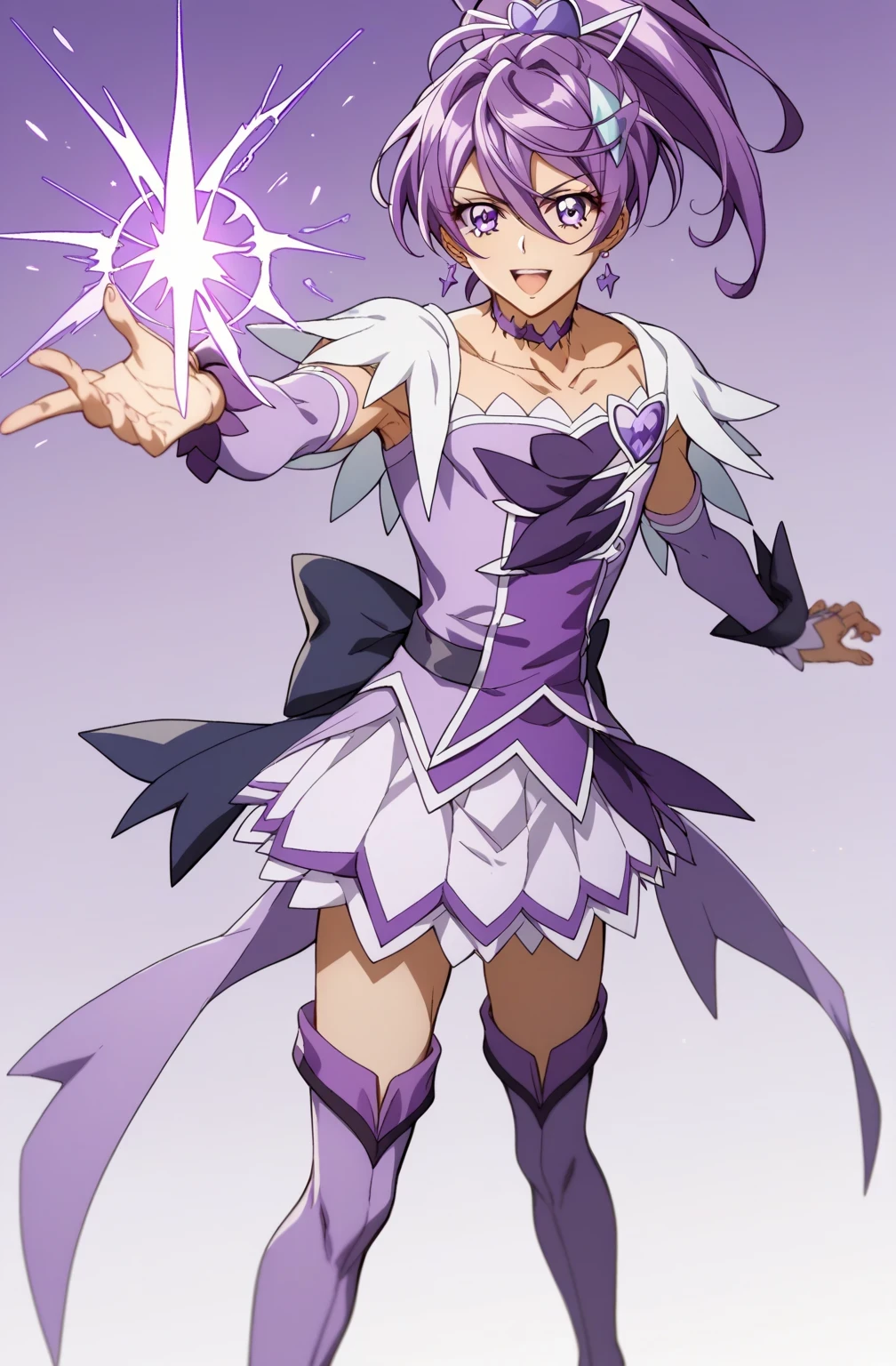 score 9 、score 8 up、score 7 up、source anime、masterpiece、of the best quality、high definition、anime coloring、1boy、boy wearing cure sword outfit、close-up of a boy cartoon character with purple hair、high short ponytail hair、spade shape hair ornament、solo、portrait of Magic Boy、boy in purple dress、isolated、Long Legged 、Heavenly Aura、Lightning Aura、purple miniskirt、collarbone、white shoulder pads、 purple arm warmers、purple detached sleeves、purple waist bow、bare thighs、 purple thigh-high boots 、 Symphogear Flavor 、Boy with short purple hair、 Prince of Amethysts 、official character art、style of Magic Boy、masculinization、Magic Boy、 Anime Boy 、official art、high definition、boy wearing perfect outfit、sparkling Magic Boy、(manly:1.5)、With Sparkling Purple Eyes 、perfect body、perfect hands、perfect arms、perfect legs、 male focus、looking at viewer、solo focus、cowboy shot、(male body:1.5)、beefcake style、purple background、