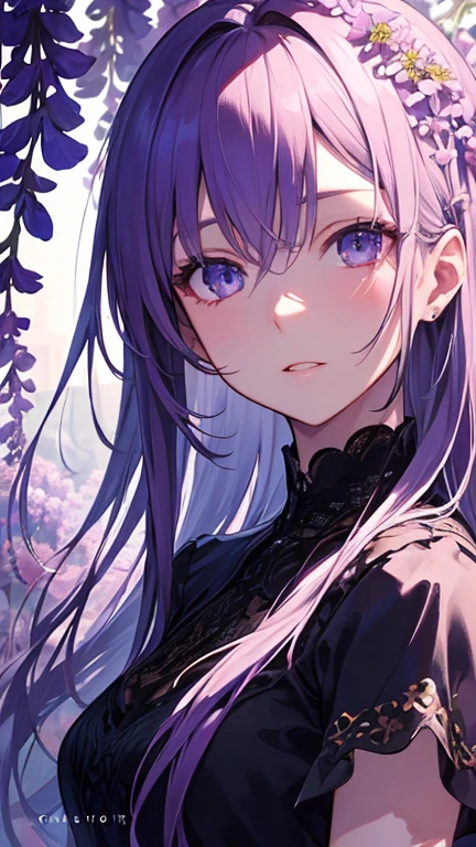 1 girl,Mature,Ample breasts,Purple Hair,Long Hair,Purple Eyes,Sharp Eyes,Lying down,Rose vines wrap around my body,Squint your eyes,Looks sleepy,beautiful,gorgeous,Butterflies fluttering