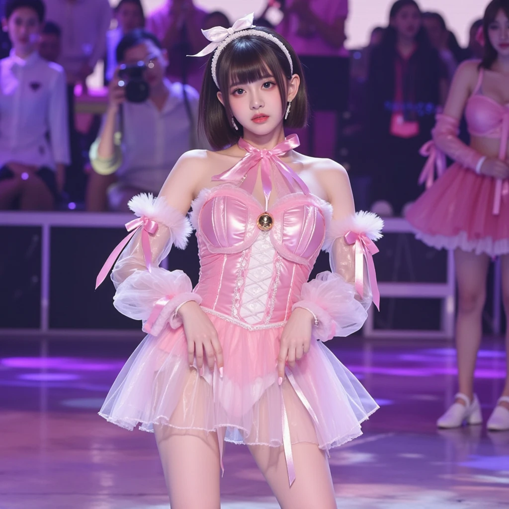 A tall pure idol girl、whole body、Good style、、、、、、、Pink latex mini cheongsam（、Sleeveless）、、、Tanned thick legs、White Long Hair、Fantastic stage