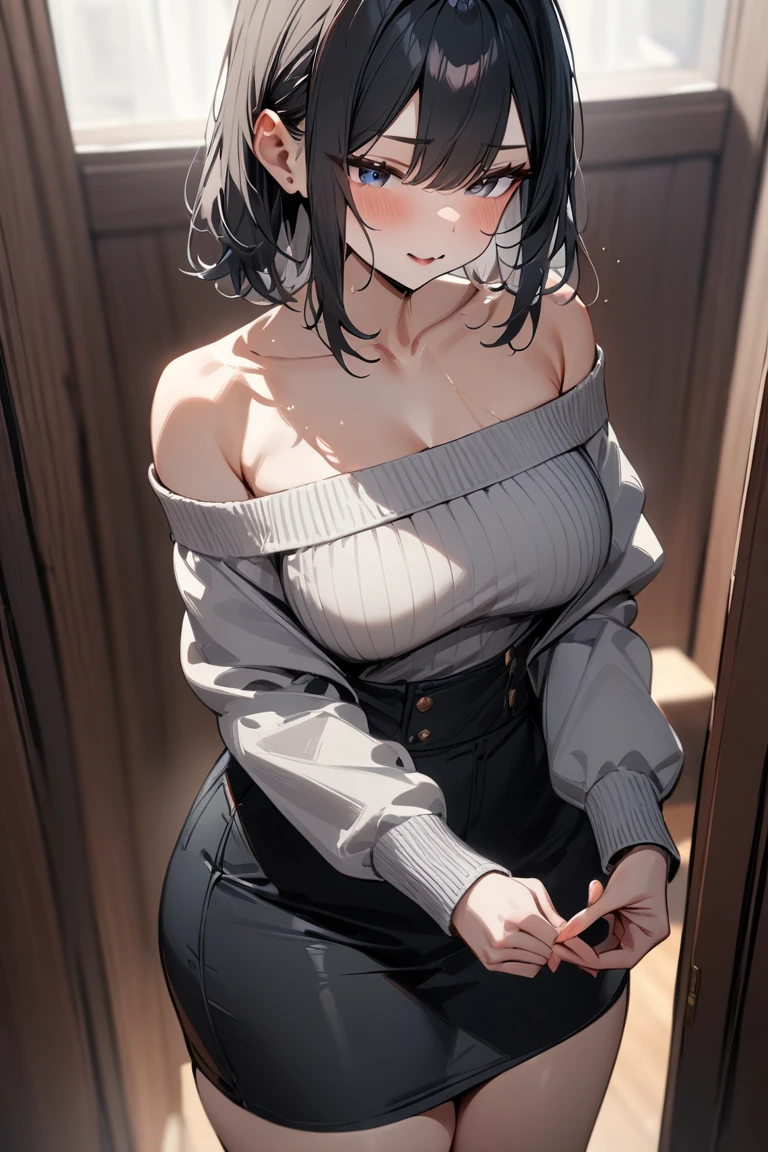 20-year-old woman、Black blue hair、ponytail、(High Top Fade:1.3)、Dark Theme、Calm colors調、Calm colors、High contrast、(Natural skin texture、Hyperrealism、Soft Light、sharp)、compensate, mascara, 唇はCalm colorsか, Simple black background, Minimalism, Monotony, Simple color palette, clean, sharp designs, Flowing silhouette, Tight skirt and pants, High waist skirts and pants, Simple Dress, Shirts and blouses, asymmetrical, Geometric, Elegant and luxurious materials and design, Simple, Minimal accessories, A thin necklace or ring in silver or gold, Simple bangles, Distinctive design, Simple silhouette, Simple and sophisticated style, grace, Minimalism, High Quality Materials, Cool and urban impression, High Fashion, Simplicity and sophistication,