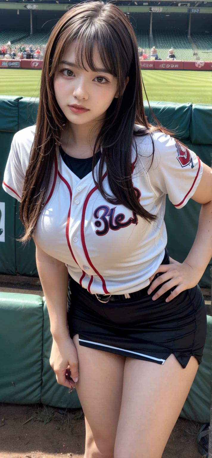 An extremely overweight Japanese woman wearing a white baseball uniform without a bra、The uniform fabric is thin, so her nipples are visible underneath.、highest quality、baseball Ground