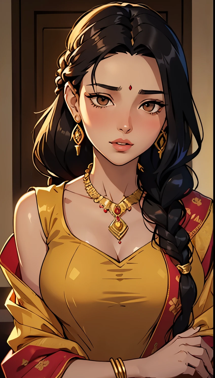 Amazing portrait of a sexy woman with medium height with a slender build, long black hair tied in a braid, brown eyes, warm and radiant skin tone, wearing a colorful salwar kameez with intricate floral patterns, delicate jhumka earrings, wearing a gold necklace, lips parted, about to kiss, romantic, intimate