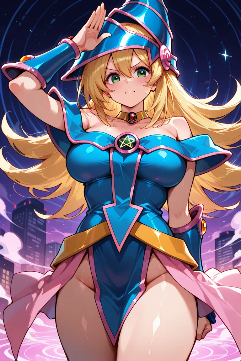 Dressed like the Dark Magician Girl from Yu-Gi-Oh!、View your viewers、A fixed look、big breasts、Emit an aura、Bad looking