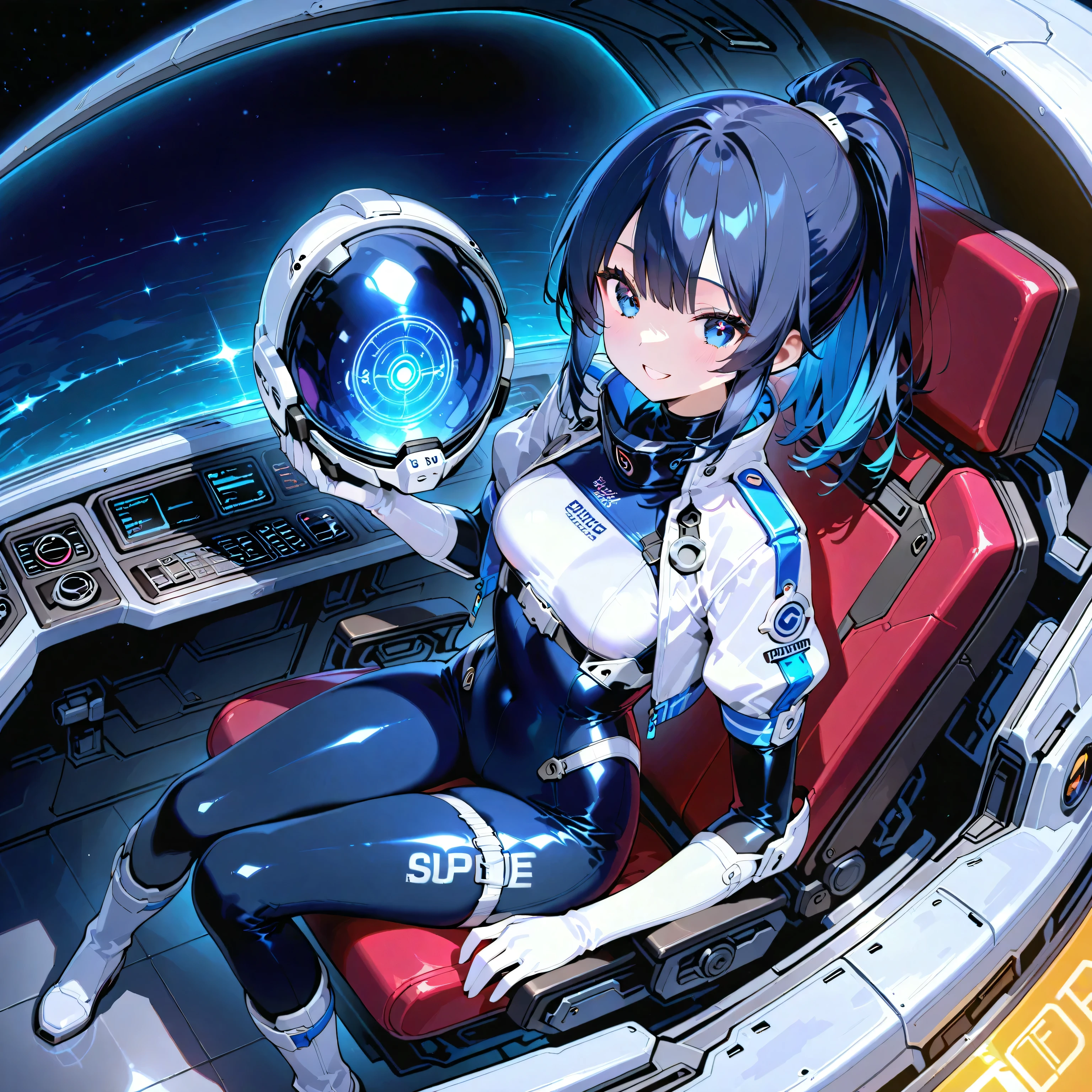 (( holographic glossy effect)),(masterpiece、top quality、highest resolution、 clear _ images、 Detailed Details 、 The angle is from above ): (solo、one girl、the face of Japan、high ponytail、Dark Blue Haired Girl 、small breasts in Mbini、(perfect body:1.4)、 sparkling blue eyes 、( White and Navy Shiny Clothes 、White and navy bodysuit、 White and Navy Blue Tight Clothes 、 Wear White and Navy Full Coverage 、 White and Navy Thigh Covering Pants 、White and Navy Shoulder Cover Outfits、 White and Navy Cropped Jacket 、 White and Navy Shiny Clothes 、 dark blue tight-fit pants that hide legs 、 hide skin 、Armor to hide the chest、Biological Amplifiers, Refined Armor, Refined futuristic wartime helmet, )、is very delicate and beautiful、detailed skins、slender body、exoskeleton、cute、kind smile、soft expression、 hero ine、White and navy long boots、 elbow length gloves )、Mscockpit,cockpit,fantasy,Romance,Action,sci-fi,TEEROR,comics,nfws, hero ,Mecha,Mechanical,Machine,cartoon,Polished floor