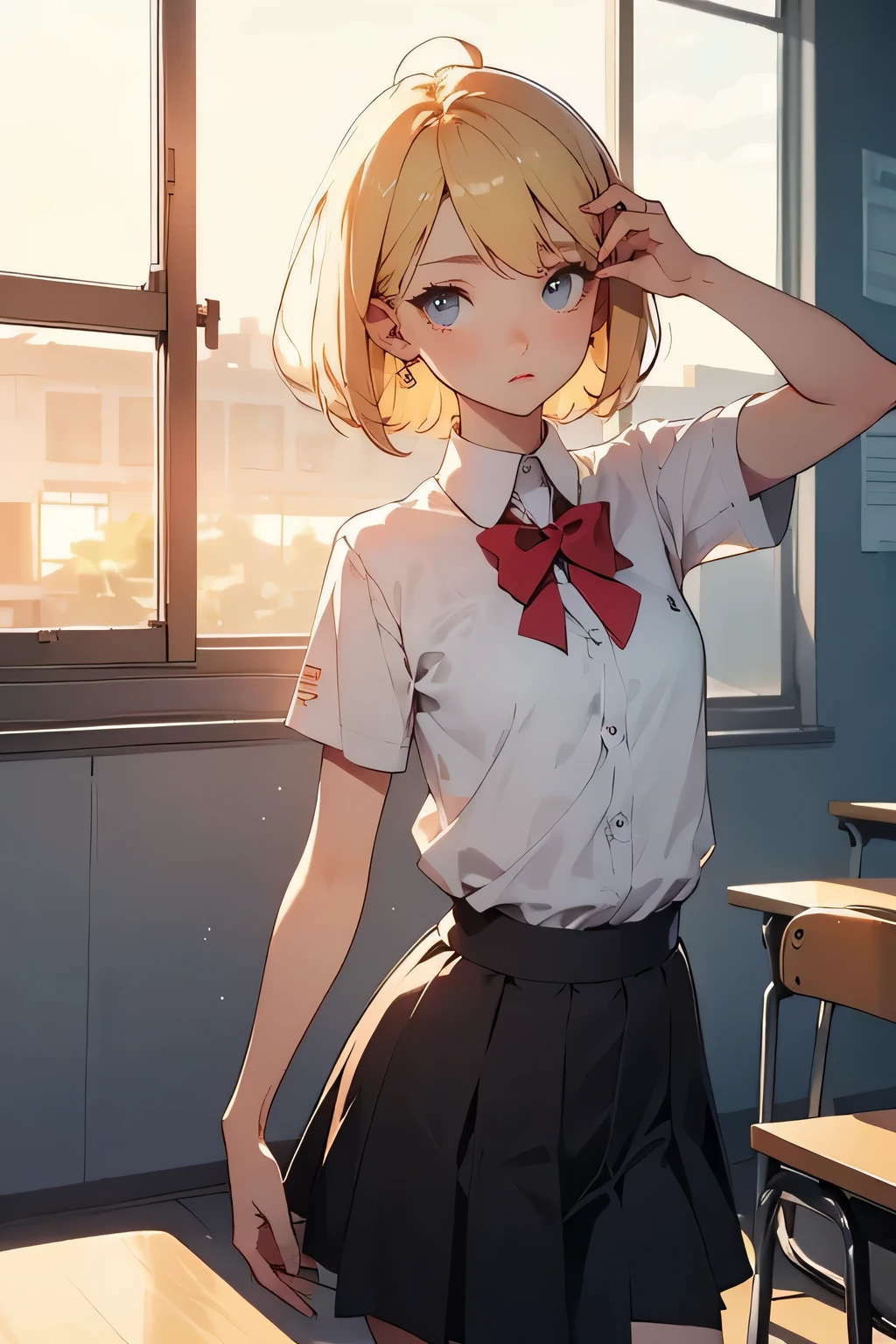 A refined anime girl with short blonde hair in a school uniform, dancing softly in an empty classroom at sunset. She moves with quiet confidence, gently raising one arm and tilting her head with subtle grace. Her expression remains calm and composed, almost unreadable. Warm sunlight spills through the windows, casting long shadows. 5-second loop, understated elegance, emotional distance, soft motion and ambient atmosphere.