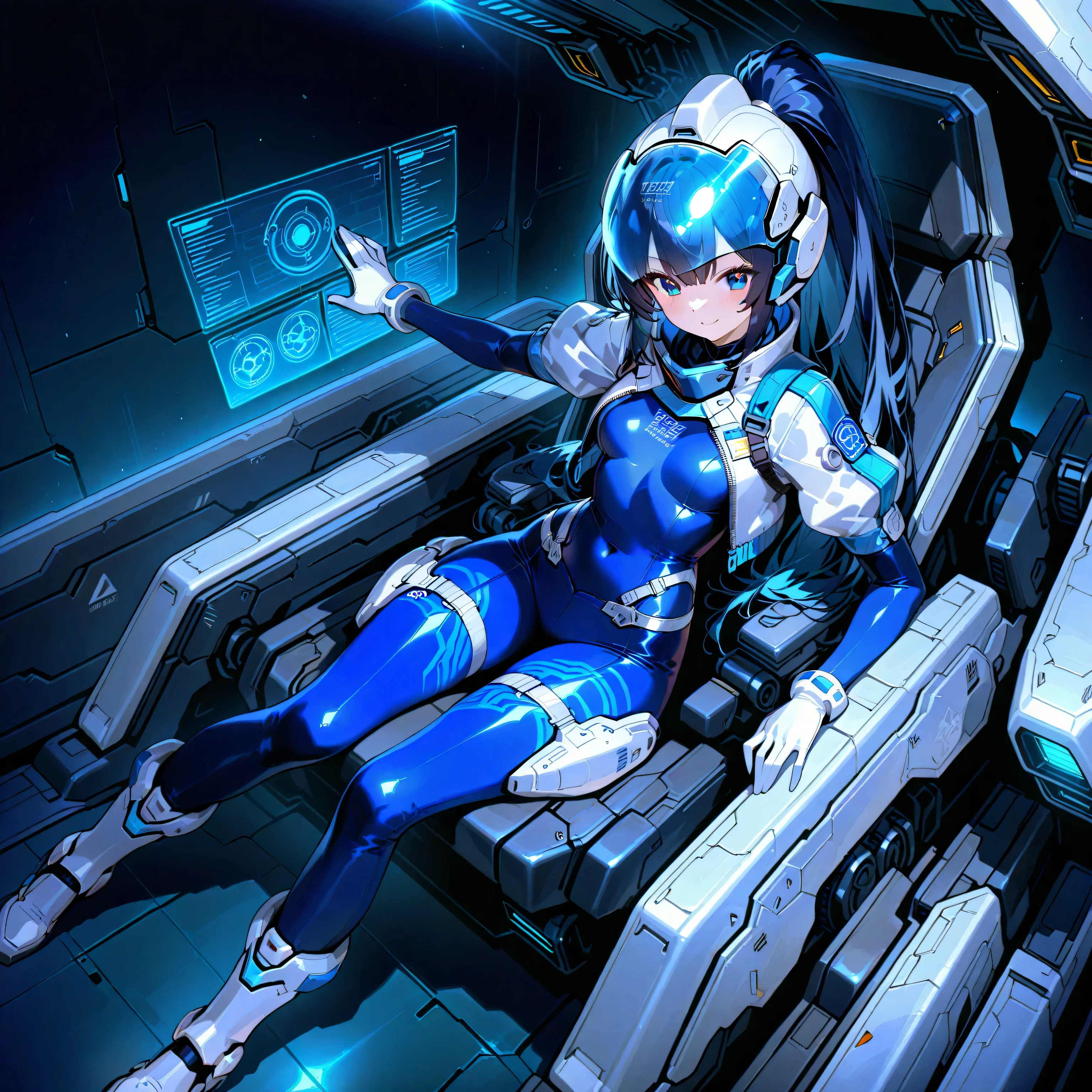 (( holographic glossy effect)),(masterpiece、top quality、highest resolution、 clear _ images、 Detailed Details 、 The angle is from above ): (solo、one girl、the face of Japan、high ponytail、Dark Blue Haired Girl 、small breasts in Mbini、（perfect body：1.4）、 sparkling blue eyes 、( White and Navy Shiny Clothes 、White and navy bodysuit、 White and Navy Blue Tight Clothes 、 Wear White and Navy Full Coverage 、 White and Navy Thigh Covering Pants 、White and Navy Shoulder Cover Outfits、 White and Navy Cropped Jacket 、 White and Navy Shiny Clothes 、 dark blue tight-fit pants that hide legs 、  hide skin 、Armor to hide the chest、Biological Amplifiers, Refined Armor, Refined futuristic wartime helmet, )、is very delicate and beautiful、detailed skins、slender body、exoskeleton、cute、kind smile、soft expression、 hero ine、White and navy long boots、  elbow length gloves  )、Mscockpit,cockpit,fantasy,Romance,Action,sci-fi,TEEROR,comics,nfws, hero ,Mecha,Mechanical,Machine,cartoon,Polished floor