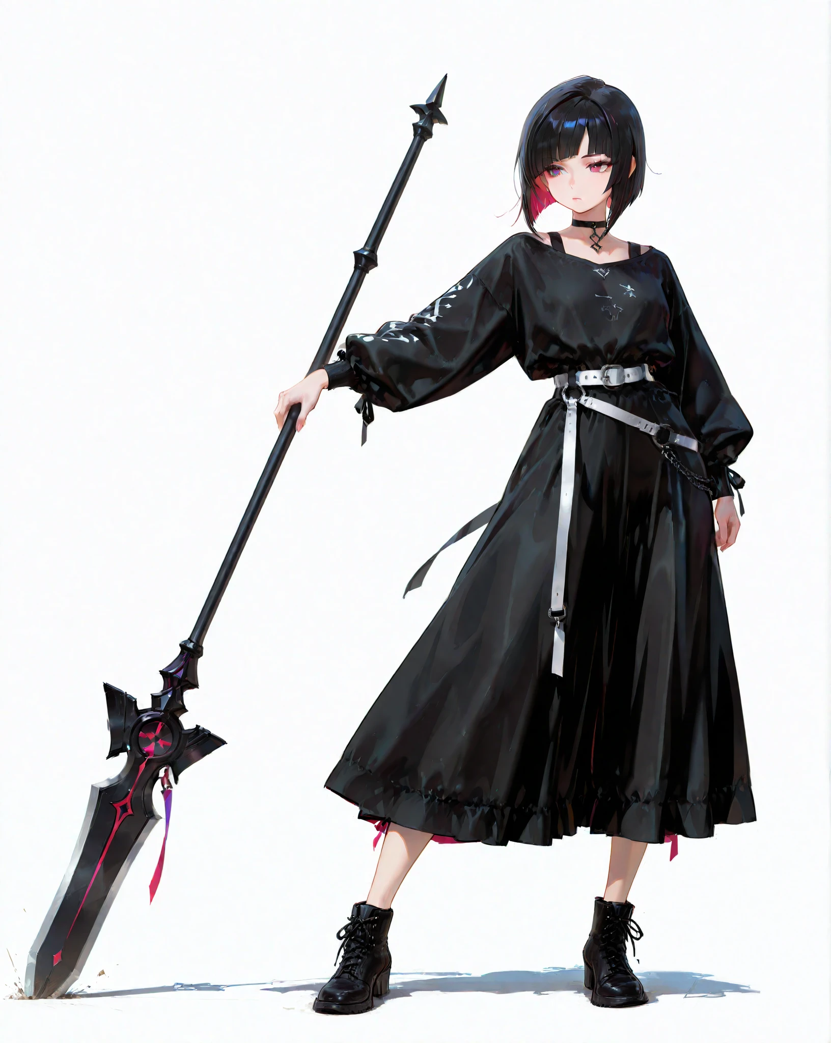 great details、high image quality、simple background、full body、 Hair Color Random 、Straight bob、Random outfit、A very large weapon