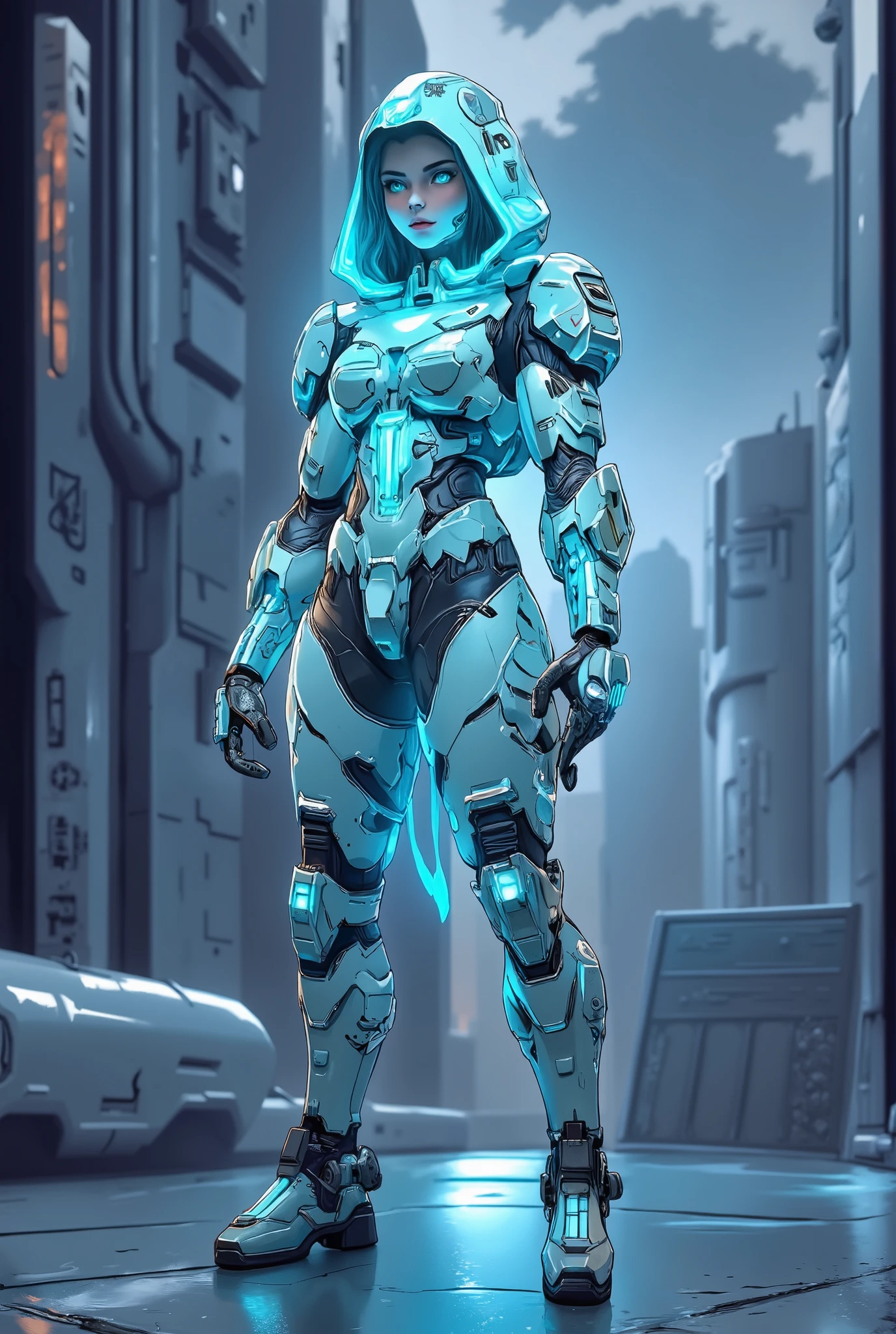 A vibrant, detailed and futuristic full body illustration showcasing a 21-year-old Caucasian female game character dressed in a futuristic, mech-like silver hooded armor jacket over a glowing neon blue top, silver armor pants and futuristic armor boots with glowing blue assets. Her striking features showcased in a dynamic stance. The artwork adopts a detailed graphic style, featuring a neon color palette set against a grey citydscape backdrop contrasting her glowing blue and silver armor, producing a captivating visual effect. The character's gaze exudes determination, while the interplay of soft and bold hues elevates the visual impact. This composition merges futuristic cyberpunk art aesthetics with a sci-fi mecha atmosphere. An image worthy of a great video games' cover
The perspective invites the viewer to gaze upon her from slightly below, enhancing her majestic presence, while the composition draws the eye to her face, where luminous eyes reflect the mysteries of the cosmos. The interplay of light and shadow adds depth, creating a sense of movement as the fumes swirl and the dark clouds shift, enveloping her in an embrace that is both protective and enigmatic.