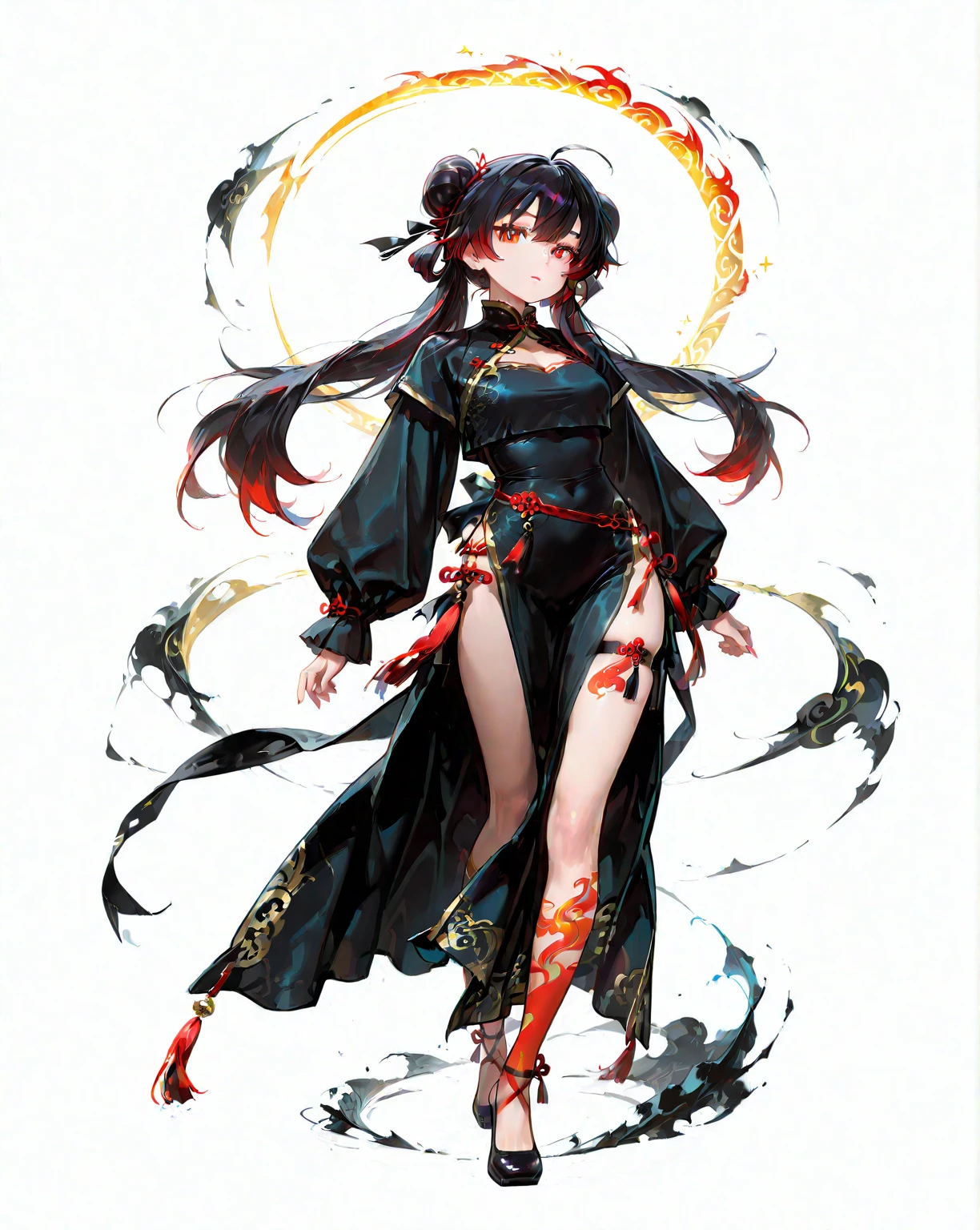 Female, Anime, Heterochromia, Melinoë from Hades II, black long hair, ponytail, greek style toga, "red eye on black sclera", small bust size, green eye on white sclera,