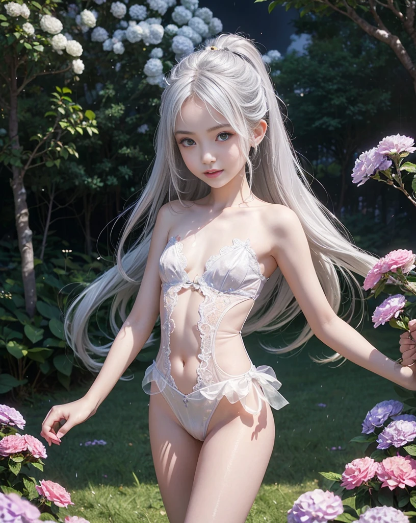 best quality，belly button only，bikini，Expose your hands on your chest，halo，whole body，Sexy，8k，，white silk，On the beach，pantyhose,open mouth,spread legs,charming鼻子,charming，The mouth is relatively large,The legs are relatively long,big breasts,The eyes are relatively large,long hair，The eyeballs are relatively large,sparkle in eyes,Naked foot,The nose is relatively large,white hair,no shoes，beautiful,bikini,in the woods,long legs,charming脸，Squatting