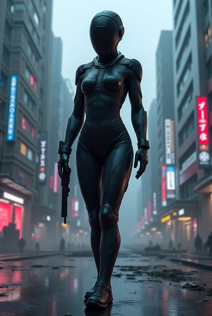 1girl,elizabethgreene,standing,full body,small breasts,black bodysuit,belts,,outdoors,in ruined city,looking at viewer,expressionless, <lora:ElizGreen1:0.8>