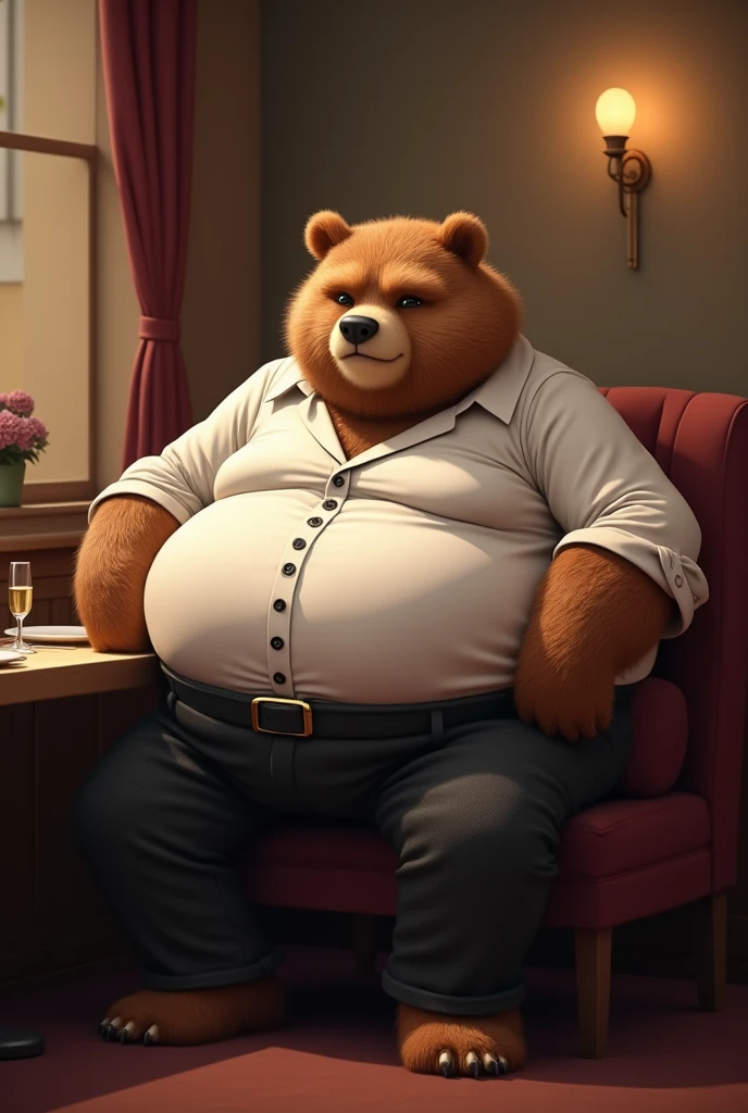 A large, anthropomorphic bear sits comfortably on a worn-out couch, pondering deeply with a thoughtful expression. The bear wears a cozy, red knit cap that covers most of his shaggy, brown ears. The room is dimly lit, casting long, soft shadows around the bear's sturdy figure. In one hand, he holds a weathered wooden cane, while the other hand rests on his round belly. The atmosphere is peaceful and introspective, the only sound being the soft ticking of the antique clock in the background. The scene is captured in stunning detail, with lush foliage visible through the window that frames the bear perfectly. The image is
