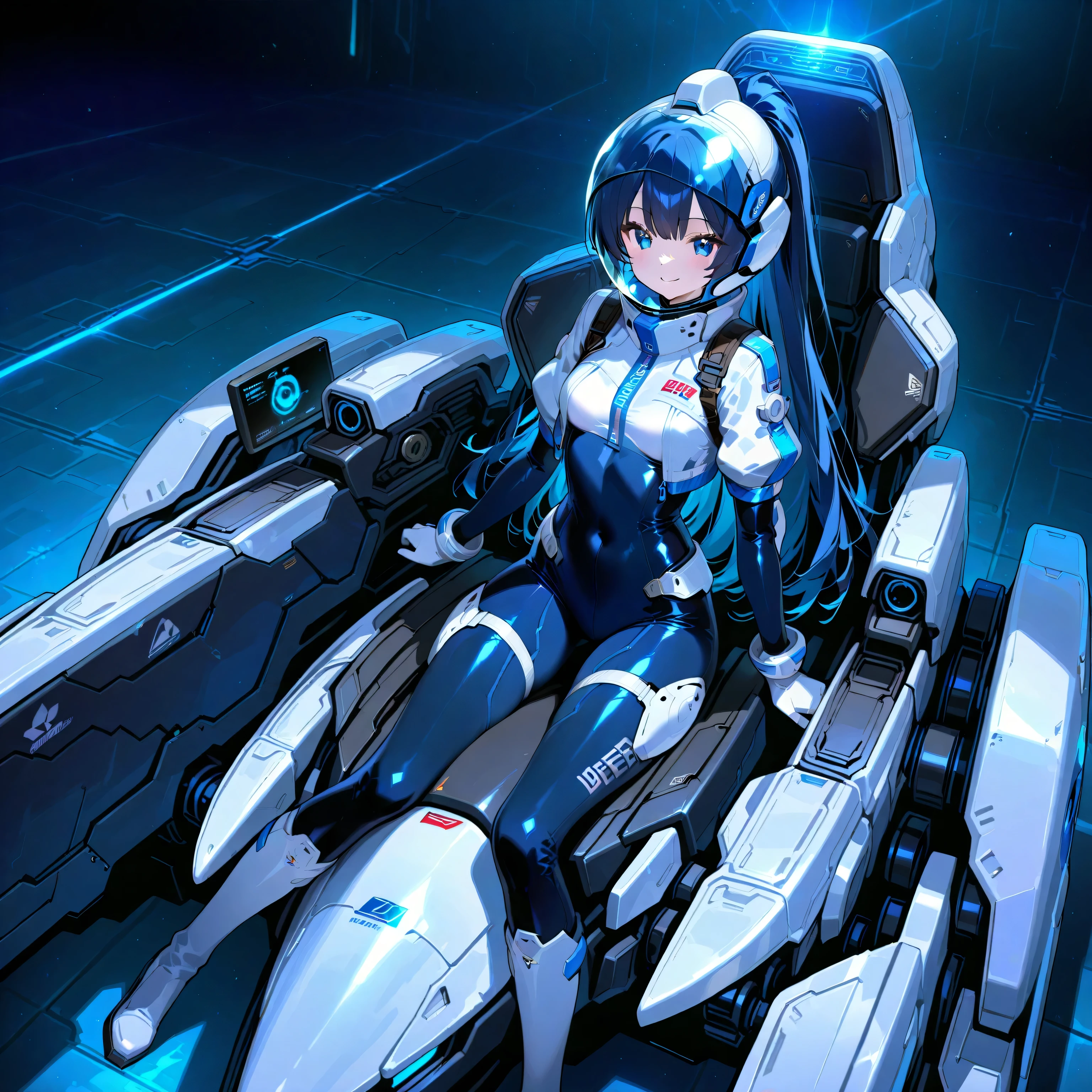 (( holographic glossy effect)),(masterpiece、top quality、highest resolution、 clear _ images、 Detailed Details 、 The angle is from above ): (solo、one girl、the face of Japan、high ponytail、Dark Blue Haired Girl 、small breasts in Mbini、（perfect body：1.4）、 sparkling blue eyes 、( White and Navy Shiny Clothes 、White and navy bodysuit、 White and Navy Blue Tight Clothes 、 Wear White and Navy Full Coverage 、 White and Navy Thigh Covering Pants 、White and Navy Shoulder Cover Outfits、 White and Navy Cropped Jacket 、 White and Navy Shiny Clothes 、 dark blue tight-fit pants that hide legs 、  hide skin 、Armor to hide the chest、Biological Amplifiers, Refined Armor, Refined futuristic wartime helmet, )、is very delicate and beautiful、detailed skins、slender body、exoskeleton、cute、kind smile、soft expression、 hero ine、White and navy long boots、  elbow length gloves  )、Mscockpit,cockpit,fantasy,Romance,Action,sci-fi,TEEROR,comics,nfws, hero ,Mecha,Mechanical,Machine,cartoon,Polished floor