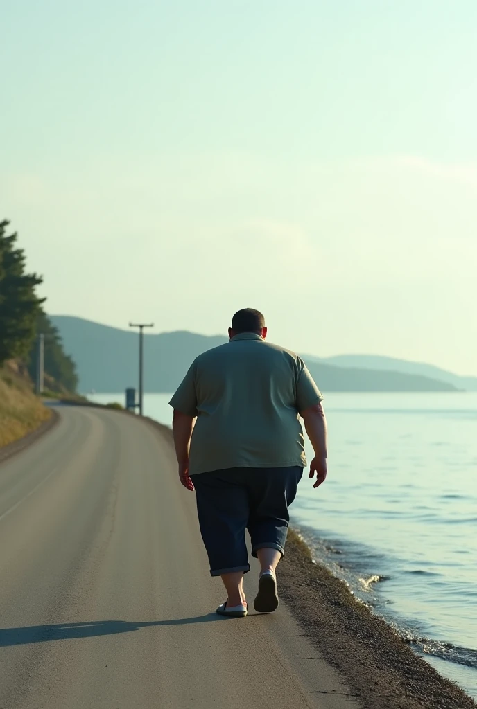 30 year old fat man running to the beach shore frustrated, desesperado, a toda velocidad, imagen futurista