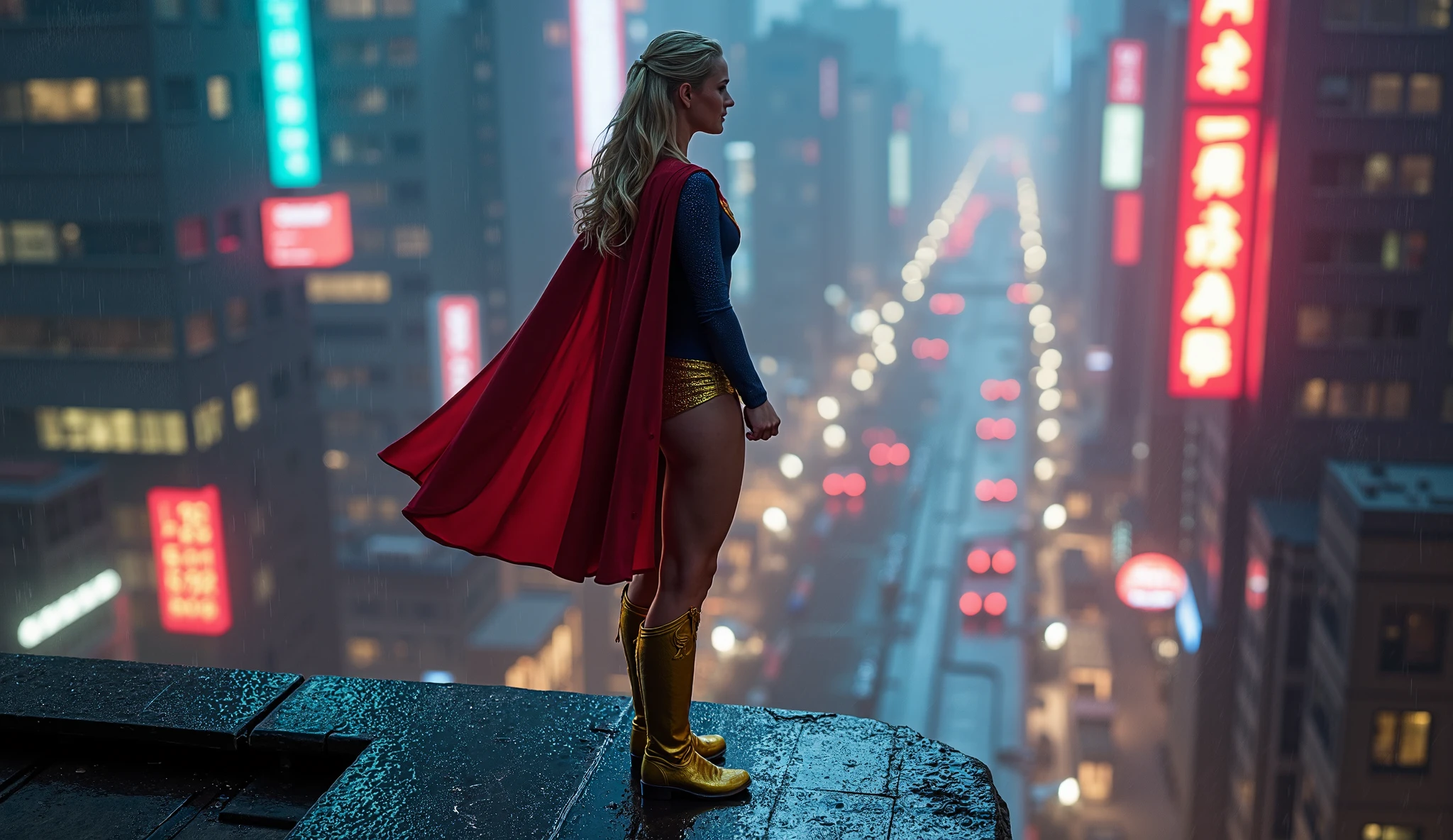 スーパーガールofアクションショット ((Evil Supergirl Suit「Man of Steel」of、よりセクシーな黒と銀ofバージョンを着ている)), Large Breasts, Toned body, (背景of爆発、Ruined city), Style - BladeRunner2049-8v Complex, Attention to detail, Sharp focus, dramatic, ((Realistic))