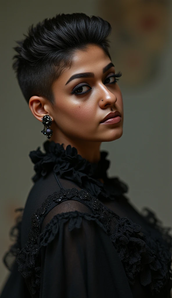 wolf cut hairstyle erotic hindu wife, siting on chair, front facing the camera, huge boobs, super big fake lips red lipstick, super hot and sexy body, black saree,