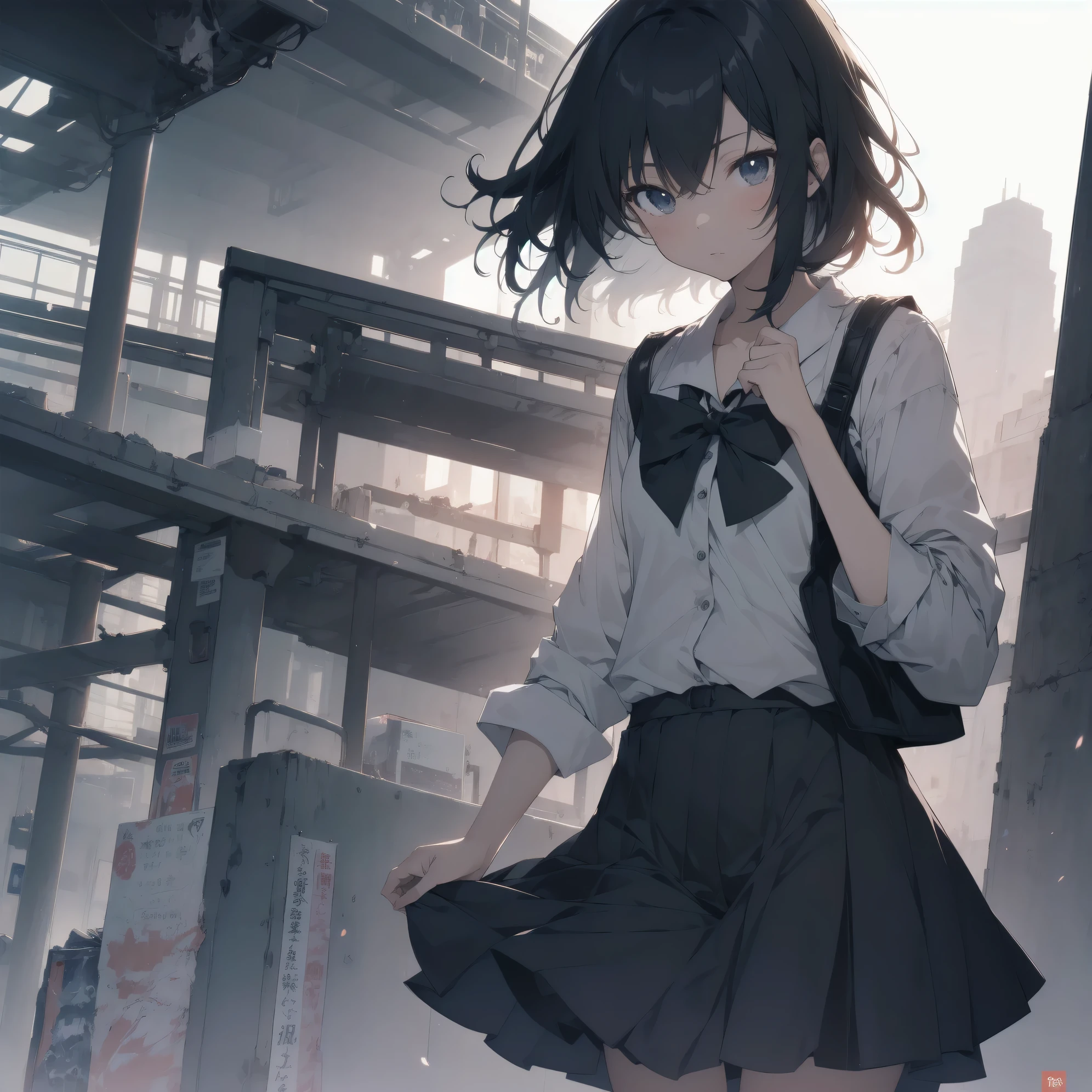 ultra-absurdres-Top quality by artist God, ultra-detailed, high resolution, anime moe artstyle, best anime 8k konachan wallpaper, pixiv contest winner, pool:2810, perfect anatomy,break, 1girl, (Please draw a girl walking sleepily to school alone. )break,(Solo,little female,o:1.3),Full limbs, ,a junior high school student, (very short hair), short cut, flat chest, , small butt, small black eyes, beautiful detailed eyes, well-proportioned iris and pupils, expressive eyes, highres detailed hair, soft expression, sailor school_uniform, bow, pleated skirt,(Detailed Lighting), (Detailed background), in the School commute route. break,super detailed skin, Best cinematic lighting powered by famous artist, 8k,beauty illustration,photoshop_(medium),very aesthetic,break,((artist:luicent )), artist:mitsumi_misato,artist:fujiyama ,artist:kokonoka ,