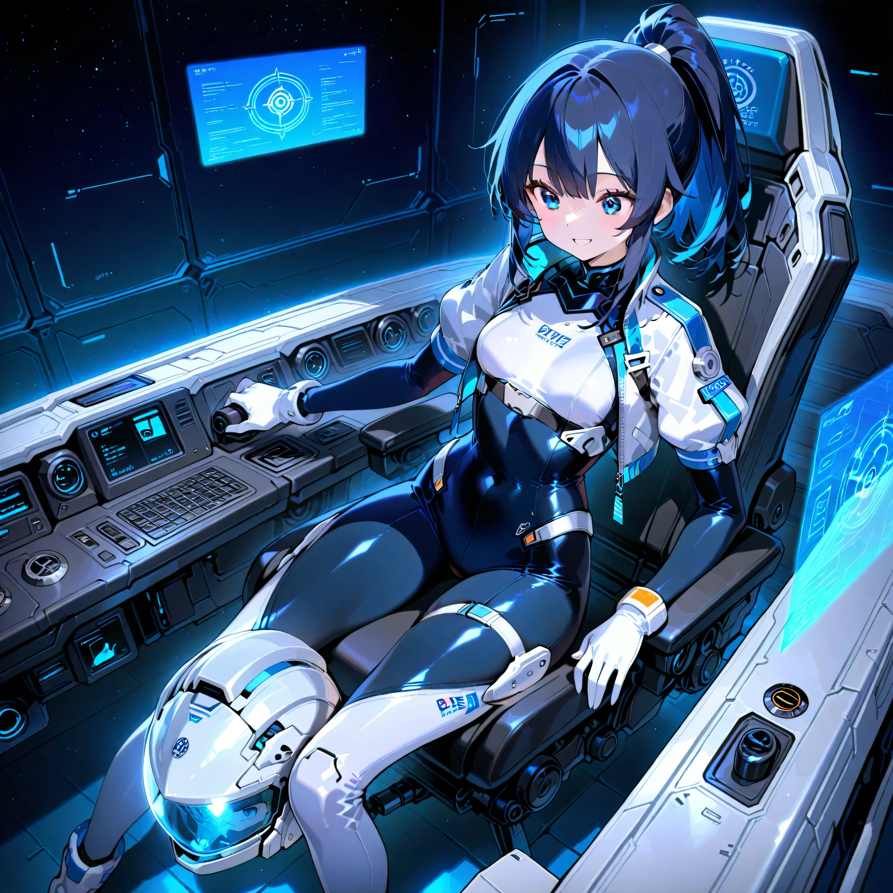 (( holographic glossy effect)),(masterpiece、top quality、highest resolution、 clear _ images、 Detailed Details 、 The angle is from above ): (solo、one girl、the face of Japan、high ponytail、Dark Blue Haired Girl 、small breasts in Mbini、(perfect body:1.4)、 sparkling blue eyes 、( White and Navy Shiny Clothes 、White and navy bodysuit、 White and Navy Blue Tight Clothes 、 Wear White and Navy Full Coverage 、 White and Navy Thigh Covering Pants 、White and Navy Shoulder Cover Outfits、 White and Navy Cropped Jacket 、 White and Navy Shiny Clothes 、 dark blue tight-fit pants that hide legs 、 hide skin 、Armor to hide the chest、Biological Amplifiers, Refined Armor, Refined futuristic wartime helmet, )、is very delicate and beautiful、detailed skins、slender body、exoskeleton、cute、kind smile、soft expression、 hero ine、White and navy long boots、 elbow length gloves )、Mscockpit,cockpit,fantasy,Romance,Action,sci-fi,TEEROR,comics,nfws, hero ,Mecha,Mechanical,Machine,cartoon,Polished floor