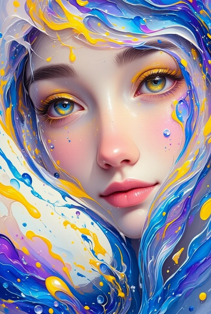 Colorful beautiful woman: a woman 18-years old, messy hair, oil painting, nice perfect face with soft skinice perfect face, blue yellow colors, light purple and violet additions, light red additions, intricate detail, splash screen, 8k resolution, masterpiece, cute face,artstation digital painting smooth veryBlack ink flow: 8k resolution photorealistic masterpiece: intricately detailed fluid gouache painting: by Jean Baptiste Mongue: calligraphy: acrylic: watercolor art, professional photography, natural lighting, volumetric lighting maximalist photoillustration: by marton bobzert:, complex, elegant, expansive, fantastical