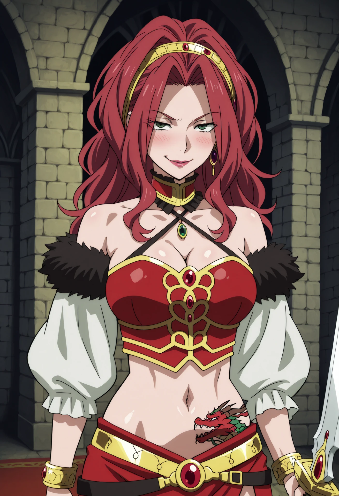Malty Melromarc (The Rising of the Shiel) beautiful body,athletic body, beautiful breasts, bracelets,ring,braceletes,collar,tiara,visible private parts , ultra detailed image, anime image ,girl, anime malty, medium Breasts, excitement, red hair, green eyes , ear piercing, long hair, blush, lipstick,Hot girl, baddie, sensual, attractive ,jewelry, earrings, large breasts, long hair, black eyes,||1. yomamabhamazon, navel, crop top, red clothing, cleavage, long sleeve, side slit, bare shoulder, off shoulder, dragon tattoo, narrowed eyes, tattoo midriff , smirk, castle,inside castle, masterpiece,best quality,mature,evil smile ,necklace,pendant, (nsfw) not safe for work, exposed belly, exposed navel, midriff, exposed lower belly, ,cleavage, , fur trimmed corset,holding a sword, sword, cleavage, criss-cross halter