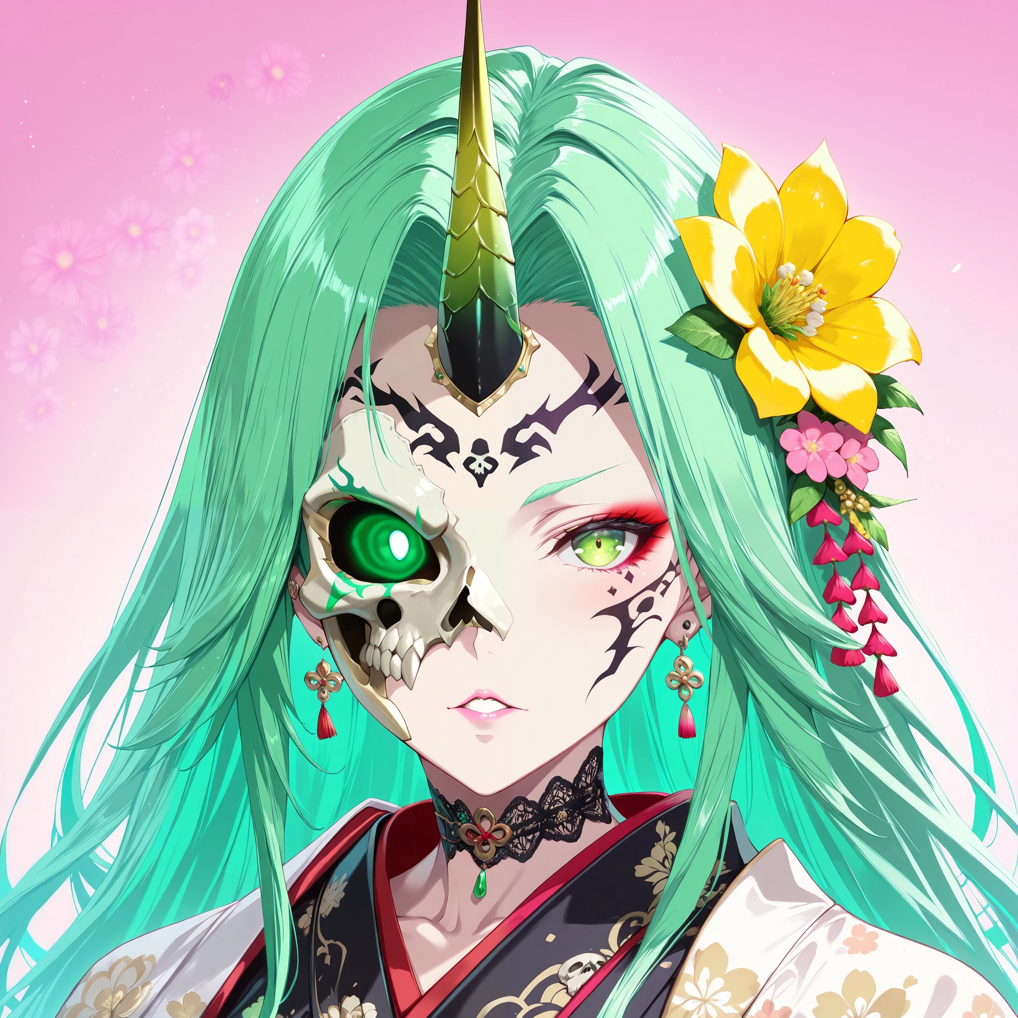 1 girl, solo, length_hair, looking at_in_viewer, green_eye, simple_background, hair_ornament, red_eye, jewelry by T, green_hair, flower, rings, parted_lips, Horns, teeth, Japanese_Clothes, (artist :Hideo Kojima:1.32), dull_前hair, hair_flower, object, tintoo, makeup, mask, piercing, facial_mark, floral _printing, portrait, , _piercing, pink_flower, single_Horn, skull bones,pink background,Gorgon, Yellow_flower, black_object, facial_tintoo, white_, high image quality, very aesthetic, absurd dress, newest, masterpiece, of the best quality