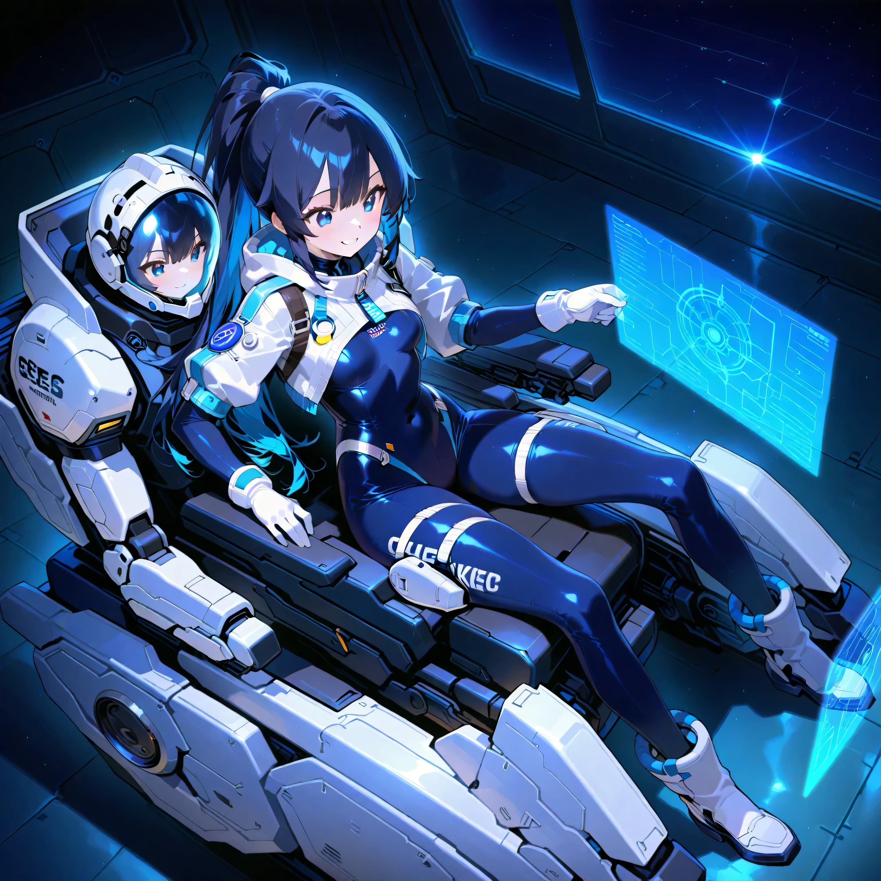 (( holographic glossy effect)),(masterpiece、top quality、highest resolution、 clear _ images、 Detailed Details 、 The angle is from above ): (solo、one girl、the face of Japan、high ponytail、Dark Blue Haired Girl 、small breasts in Mbini、(perfect body:1.4)、 sparkling blue eyes 、( White and Navy Shiny Clothes 、White and navy bodysuit、 White and Navy Blue Tight Clothes 、 Wear White and Navy Full Coverage 、 White and Navy Thigh Covering Pants 、White and Navy Shoulder Cover Outfits、 White and Navy Cropped Jacket 、 White and Navy Shiny Clothes 、 dark blue tight-fit pants that hide legs 、 hide skin 、Armor to hide the chest、Biological Amplifiers, Refined Armor, Refined futuristic wartime helmet, )、is very delicate and beautiful、detailed skins、slender body、exoskeleton、cute、kind smile、soft expression、 hero ine、White and navy long boots、 elbow length gloves )、Mscockpit,cockpit,fantasy,Romance,Action,sci-fi,TEEROR,comics,nfws, hero ,Mecha,Mechanical,Machine,cartoon,Polished floor