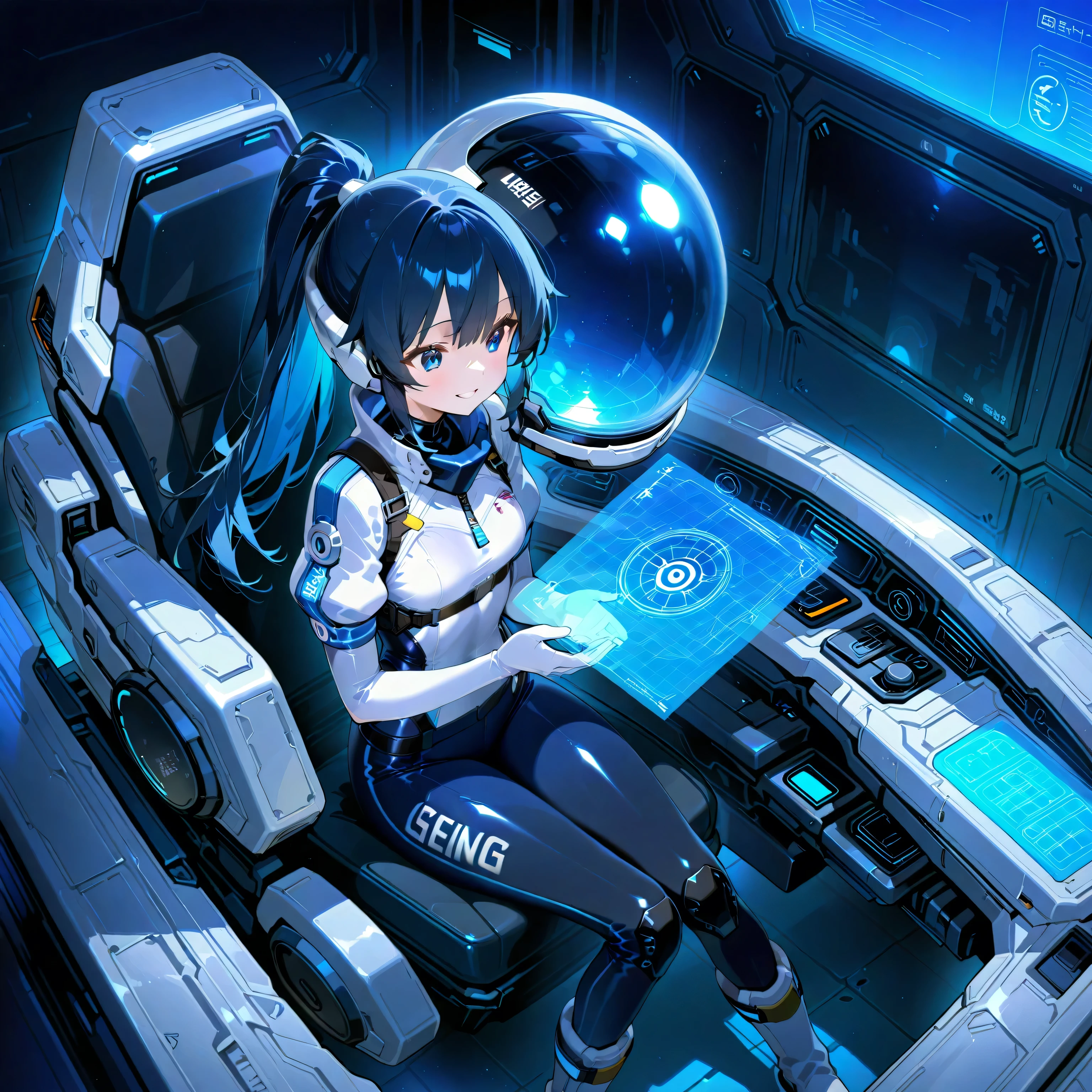 (( holographic glossy effect)),(masterpiece、top quality、highest resolution、 clear _ images、 Detailed Details 、 The angle is from above ): (solo、one girl、the face of Japan、high ponytail、Dark Blue Haired Girl 、small breasts in Mbini、(perfect body:1.4)、 sparkling blue eyes 、( White and Navy Shiny Clothes 、White and navy bodysuit、 White and Navy Blue Tight Clothes 、 Wear White and Navy Full Coverage 、 White and Navy Thigh Covering Pants 、White and Navy Shoulder Cover Outfits、 White and Navy Cropped Jacket 、 White and Navy Shiny Clothes 、 dark blue tight-fit pants that hide legs 、 hide skin 、Armor to hide the chest、Biological Amplifiers, Refined Armor, Refined futuristic wartime helmet, )、is very delicate and beautiful、detailed skins、slender body、exoskeleton、cute、kind smile、soft expression、 hero ine、White and navy long boots、 elbow length gloves )、Mscockpit,cockpit,fantasy,Romance,Action,sci-fi,TEEROR,comics,nfws, hero ,Mecha,Mechanical,Machine,cartoon,Polished floor