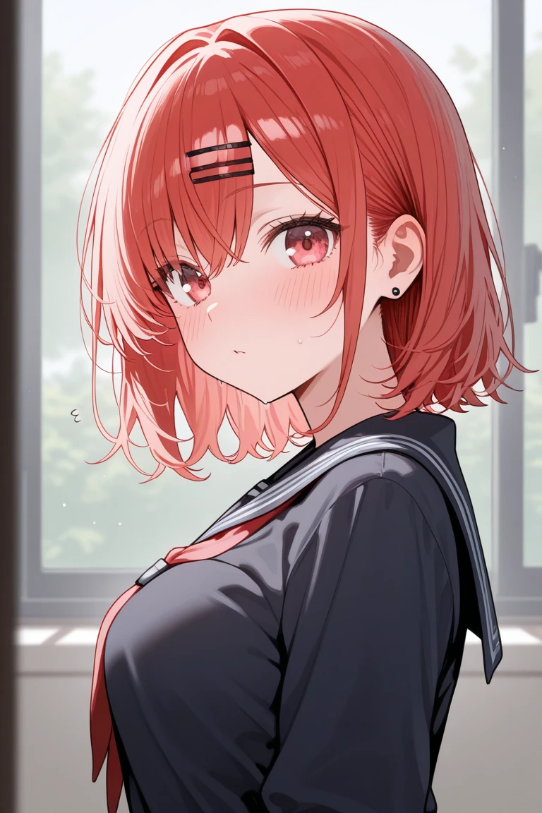 kawaii,cute,
1 girl, solo,
cranberry hair, pixie cut, bangs, hair ornament,
red eyes,
point finger,
close view, from adove,
serious,
Oversized cardigan with patch pockets and a hood,
large breasts,
BREAK
simple background