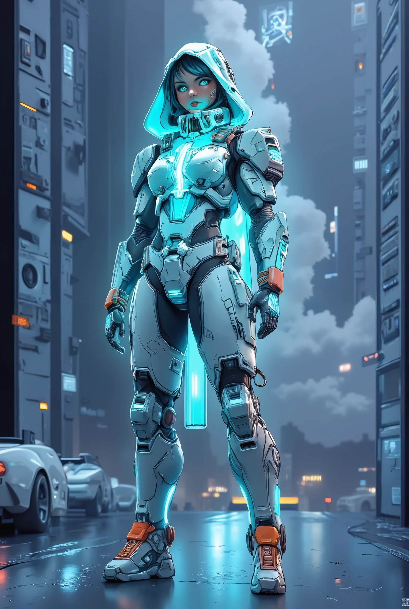 A vibrant, detailed and futuristic full body illustration showcasing a 21-year-old Caucasian female game character dressed in a futuristic, mech-like silver hooded armor jacket over a glowing neon blue top, silver armor pants and futuristic armor boots with glowing blue assets. Her striking features showcased in a dynamic stance. The artwork adopts a detailed graphic style, featuring a neon color palette set against a grey citydscape backdrop contrasting her glowing blue and silver armor, producing a captivating visual effect. The character's gaze exudes determination, while the interplay of soft and bold hues elevates the visual impact. This composition merges futuristic cyberpunk art aesthetics with a sci-fi mecha atmosphere. An image worthy of a great video games' cover
The perspective invites the viewer to gaze upon her from slightly below, enhancing her majestic presence, while the composition draws the eye to her face, where luminous eyes reflect the mysteries of the cosmos. The interplay of light and shadow adds depth, creating a sense of movement as the fumes swirl and the dark clouds shift, enveloping her in an embrace that is both protective and enigmatic.