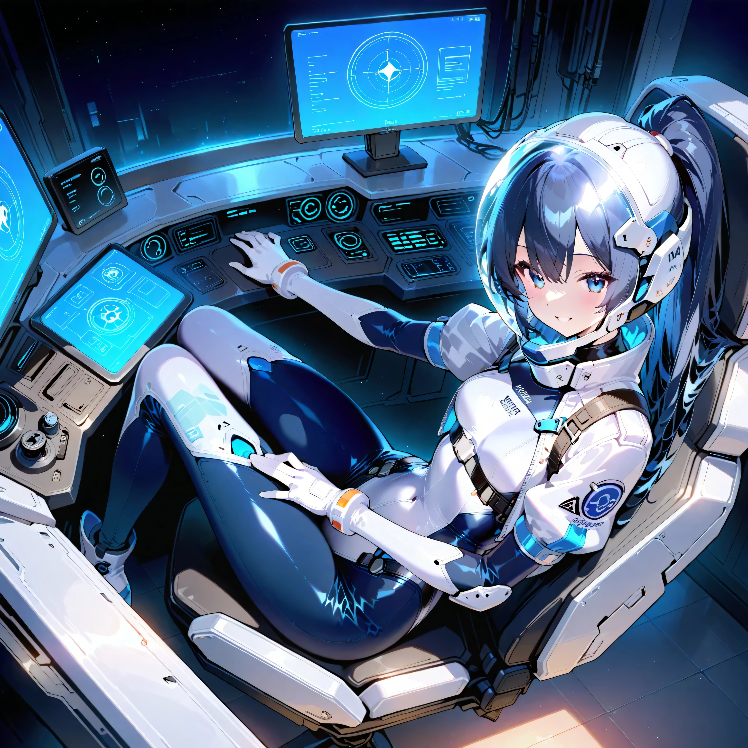 (( holographic glossy effect)),(masterpiece、top quality、highest resolution、 clear _ images、 Detailed Details 、 The angle is from above ): (solo、one girl、the face of Japan、high ponytail、Dark Blue Haired Girl 、small breasts in Mbini、（perfect body：1.4）、 sparkling blue eyes 、( White and Navy Shiny Clothes 、White and navy bodysuit、 White and Navy Blue Tight Clothes 、 Wear White and Navy Full Coverage 、 White and Navy Thigh Covering Pants 、White and Navy Shoulder Cover Outfits、 White and Navy Cropped Jacket 、 White and Navy Shiny Clothes 、 dark blue tight-fit pants that hide legs 、  hide skin 、Armor to hide the chest、Biological Amplifiers, Refined Armor, Refined futuristic wartime helmet, )、is very delicate and beautiful、detailed skins、slender body、exoskeleton、cute、kind smile、soft expression、 hero ine、White and navy long boots、  elbow length gloves  )、Mscockpit,cockpit,fantasy,Romance,Action,sci-fi,TEEROR,comics,nfws, hero ,Mecha,Mechanical,Machine,cartoon,Polished floor