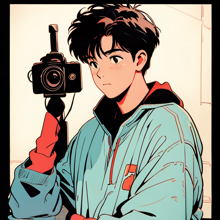 Best image quality, 1980s style animation, 21-year-old boy, slightly curly black hair, light brown eyes, with a white shirt, magazine cover, whole body , at a cafe , posing, With a cute otter, I have a camera.