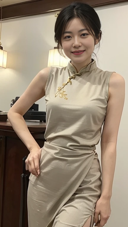 (Masterpiece, best resolution: 1.2), (brown eyes), seduction, smile, long brown hair, small breast, high-definition facial features, 8K, double eyelids, delicate facial feature, studio, full body, plain concrete wall background:1.1, photoshoot, wide shot, ((wearing cheongsam))