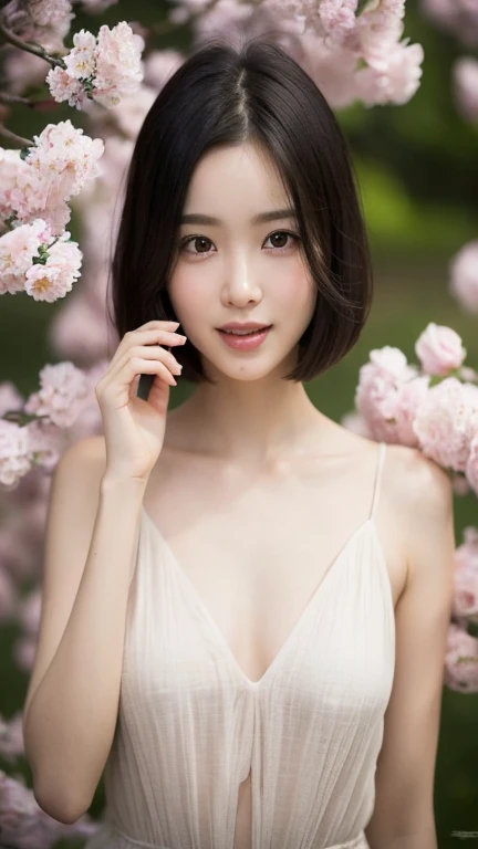 15 year old beautiful girl、best image quality、realistic、16k、Beautiful woman、pixie cut、slim、With Bangaster Piece,highest quality,confused, High resolution, Super detailed, 1 girl, kaleidoscopic images, symmetrical pattern, bright colors, geometric shapes, Attractive design, optical illusion, dynamic composition, pantomime art, expressive body language, quiet story, evocative gesture, Visual storytelling, theater, blooming flowers, colorful petals, Fragrant aroma, blessings of nature, Bustling Gardens, A look asking for a kiss、peaceful scenery、panoramic、whole body、